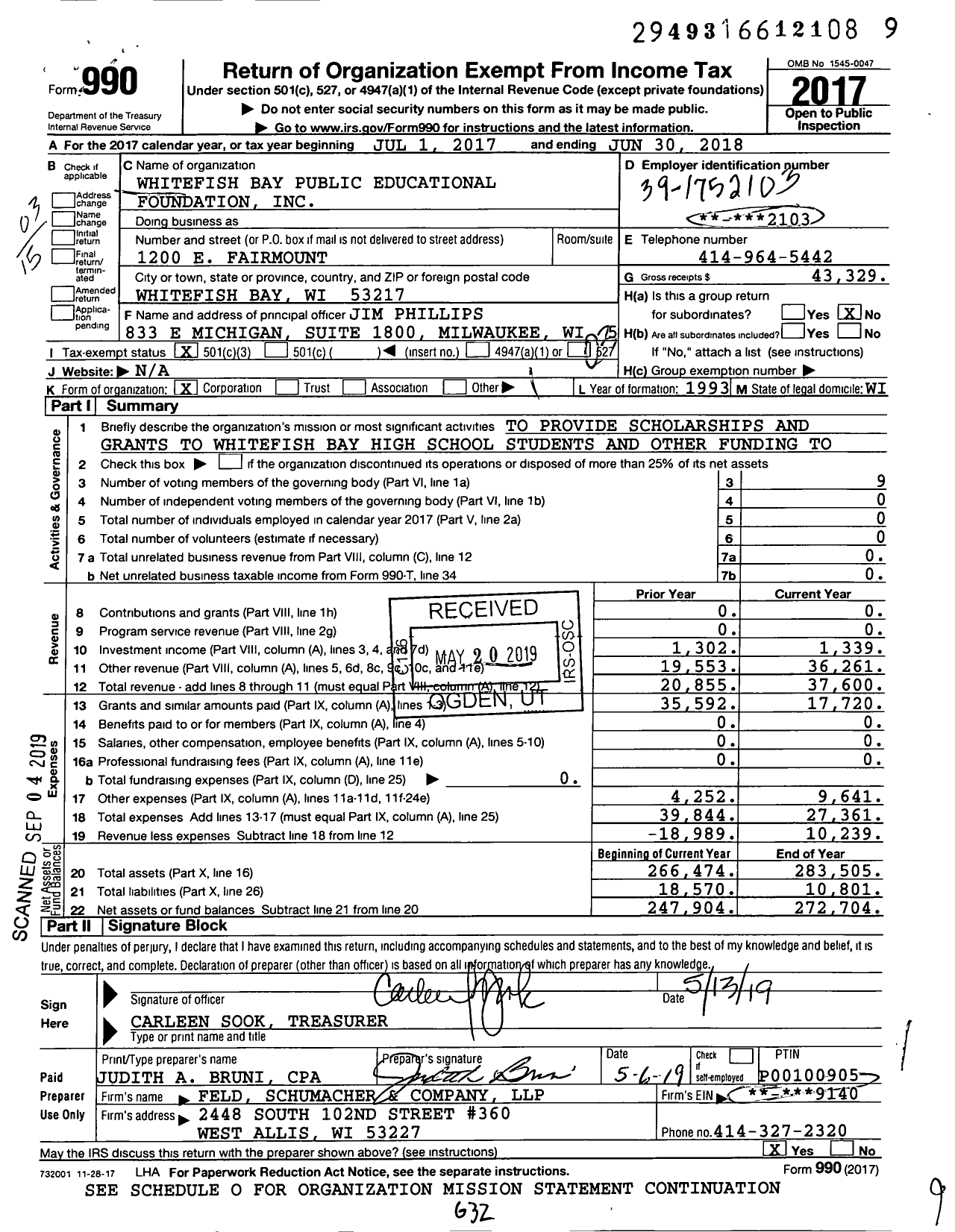 Image of first page of 2017 Form 990 for Whitefish Bay Public Educational Foundation