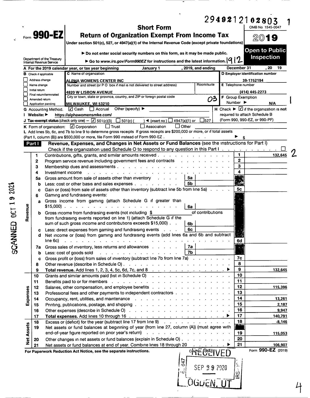 Image of first page of 2019 Form 990EZ for Alpha Womens Center