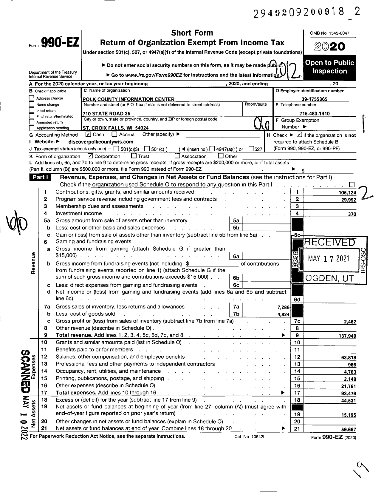 Image of first page of 2020 Form 990EO for Polk County Tourism Council