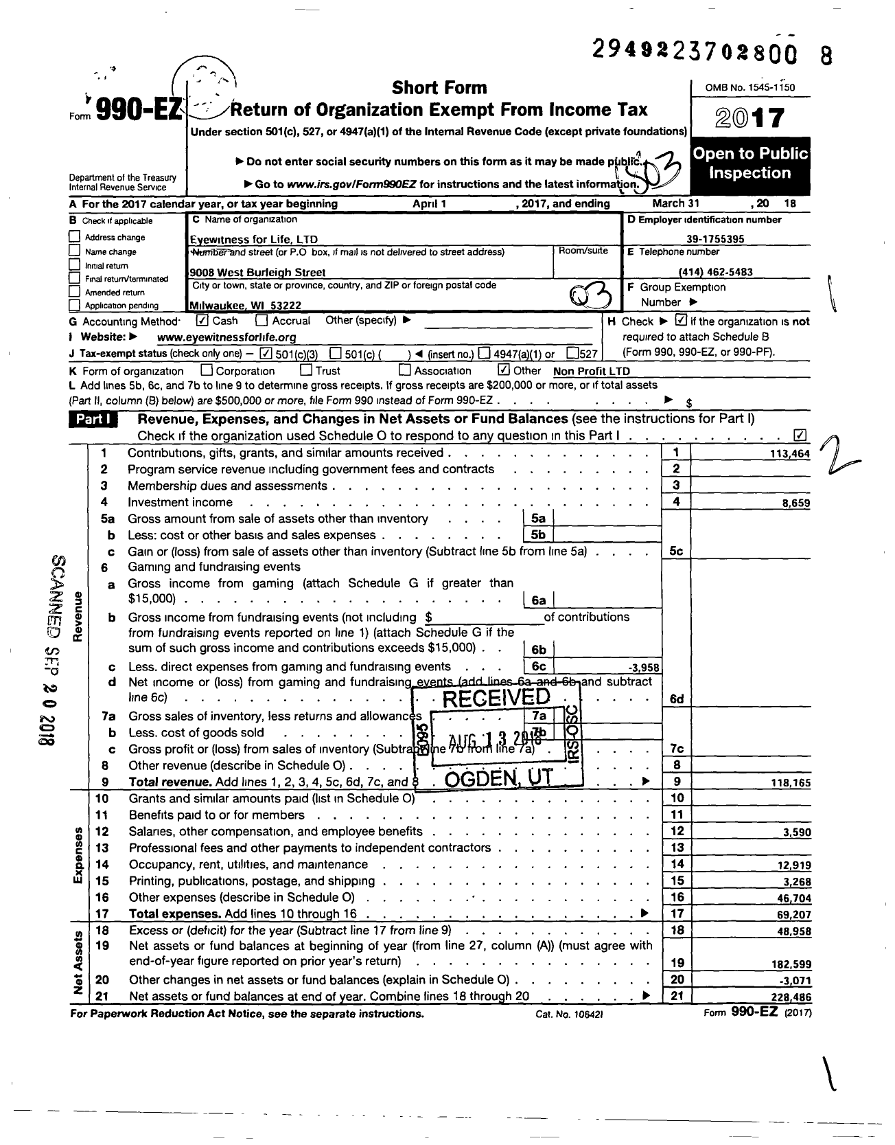 Image of first page of 2017 Form 990EZ for Eyewitness for Life