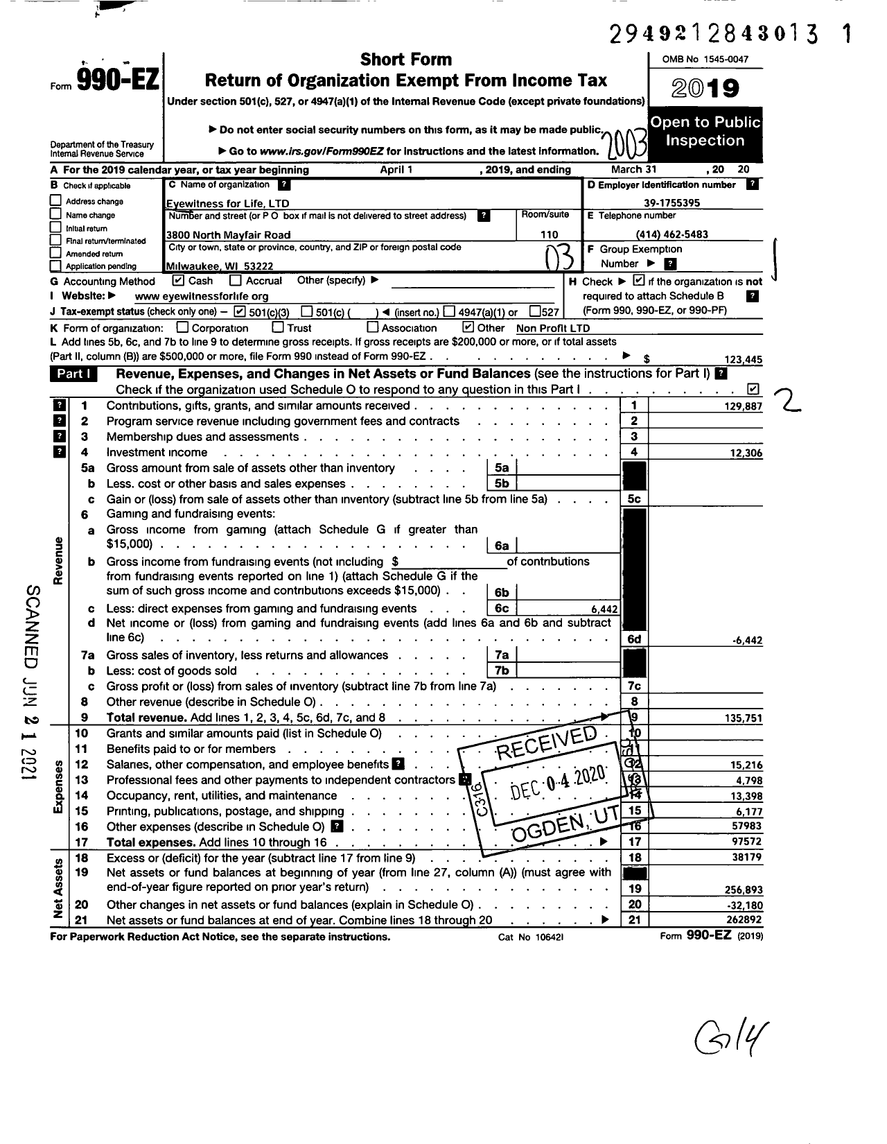 Image of first page of 2019 Form 990EZ for Eyewitness for Life