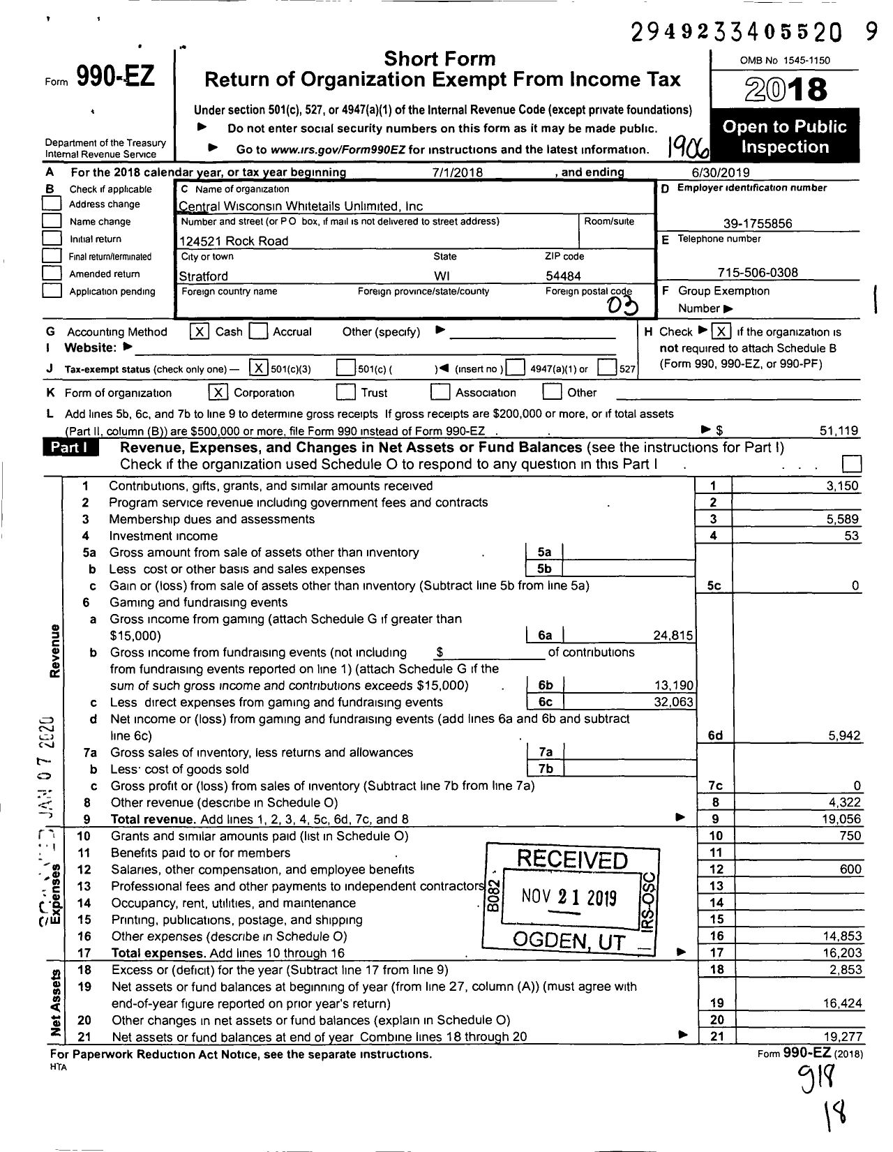 Image of first page of 2018 Form 990EZ for Central Wisconsin Whitetails Unlimited