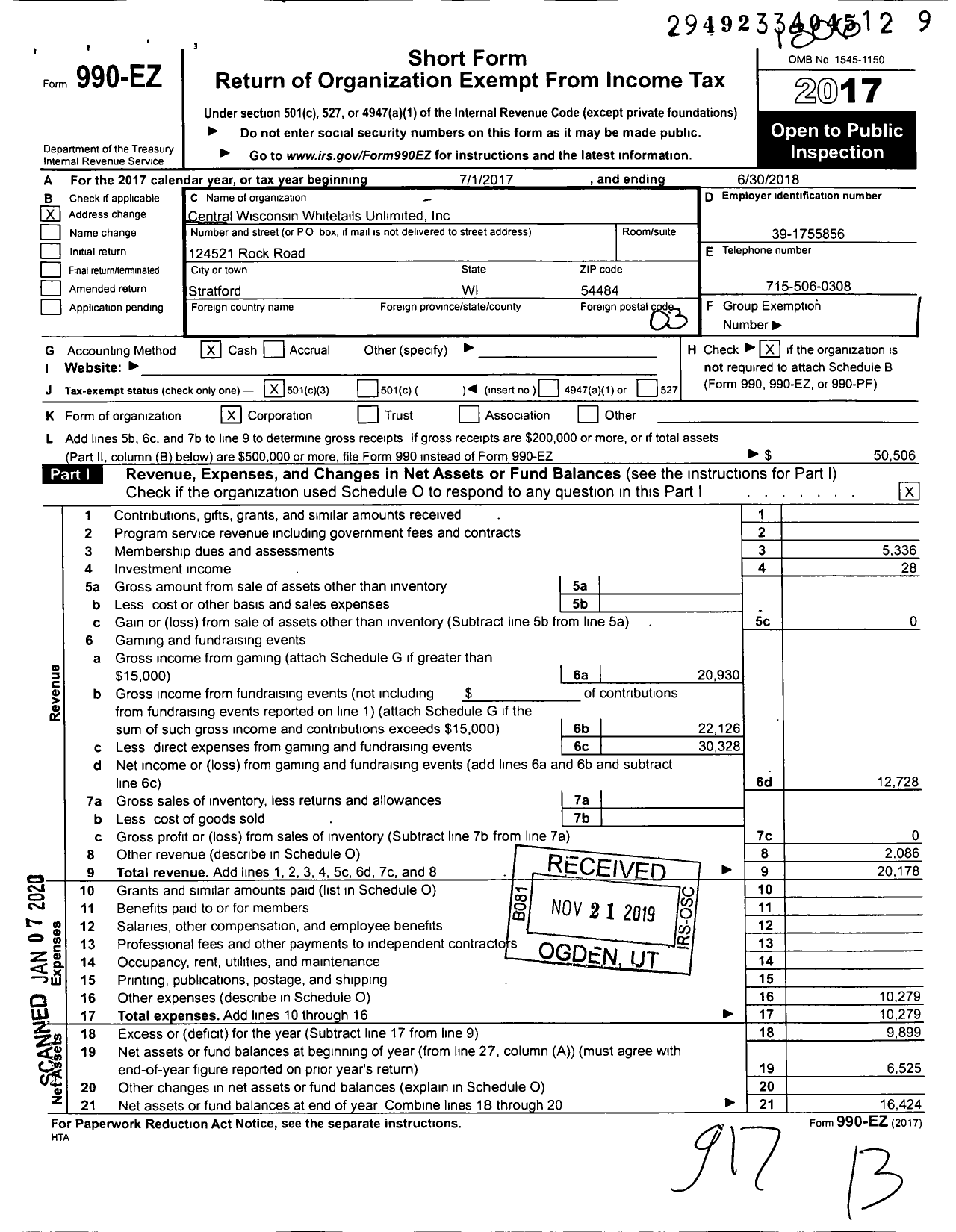 Image of first page of 2017 Form 990EZ for Central Wisconsin Whitetails Unlimited