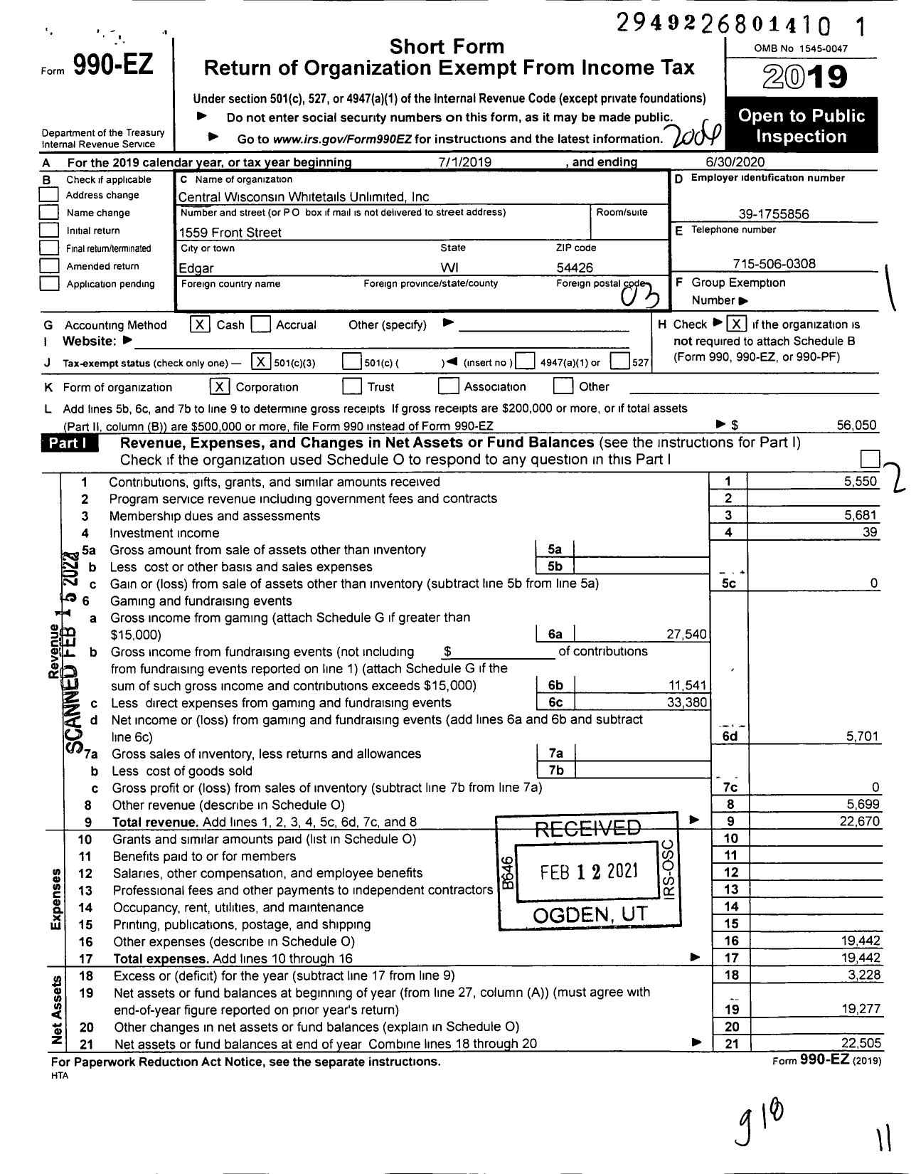 Image of first page of 2019 Form 990EZ for Central Wisconsin Whitetails Unlimited