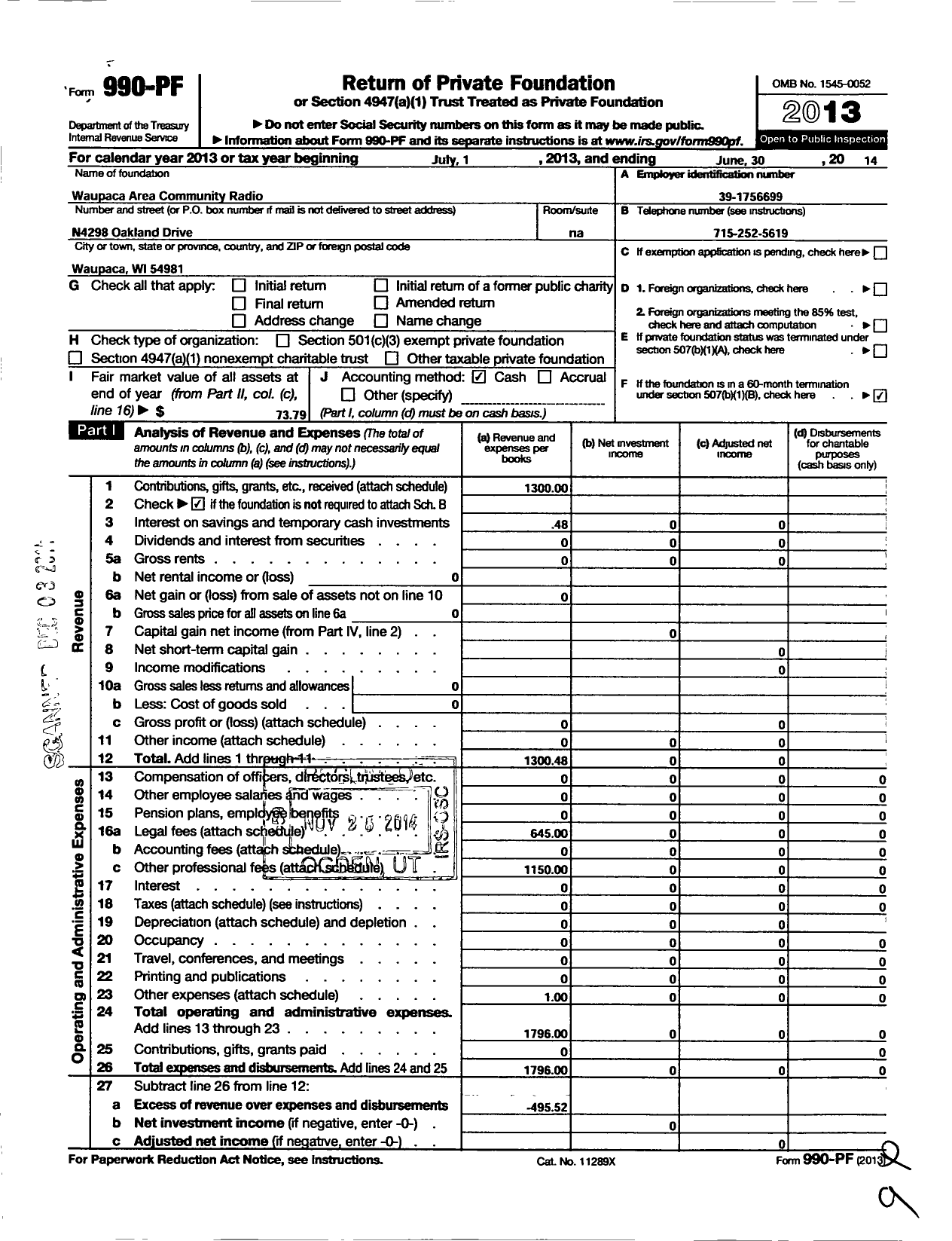 Image of first page of 2013 Form 990PF for Waupaca Area Community Radio Incorporated