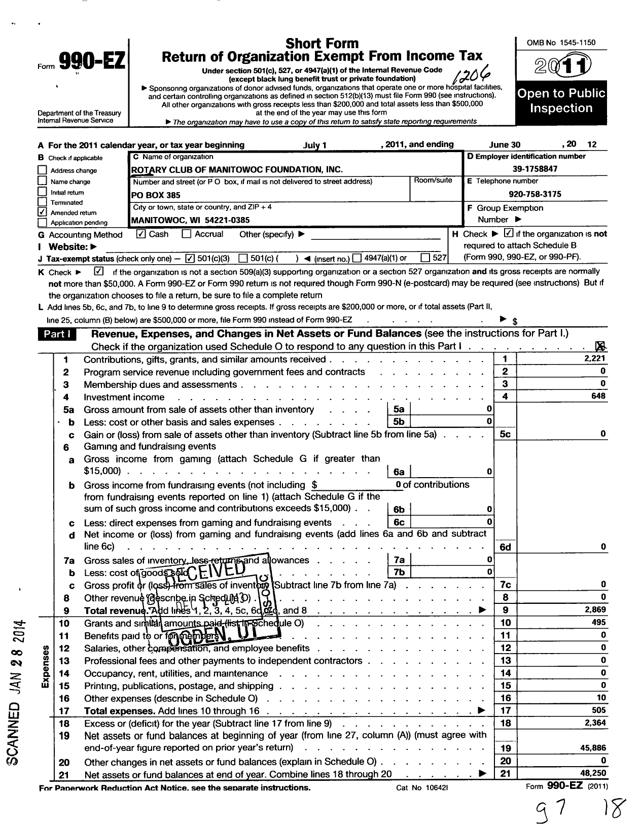 Image of first page of 2011 Form 990EZ for Rotary Club of Manitowoc Foundation