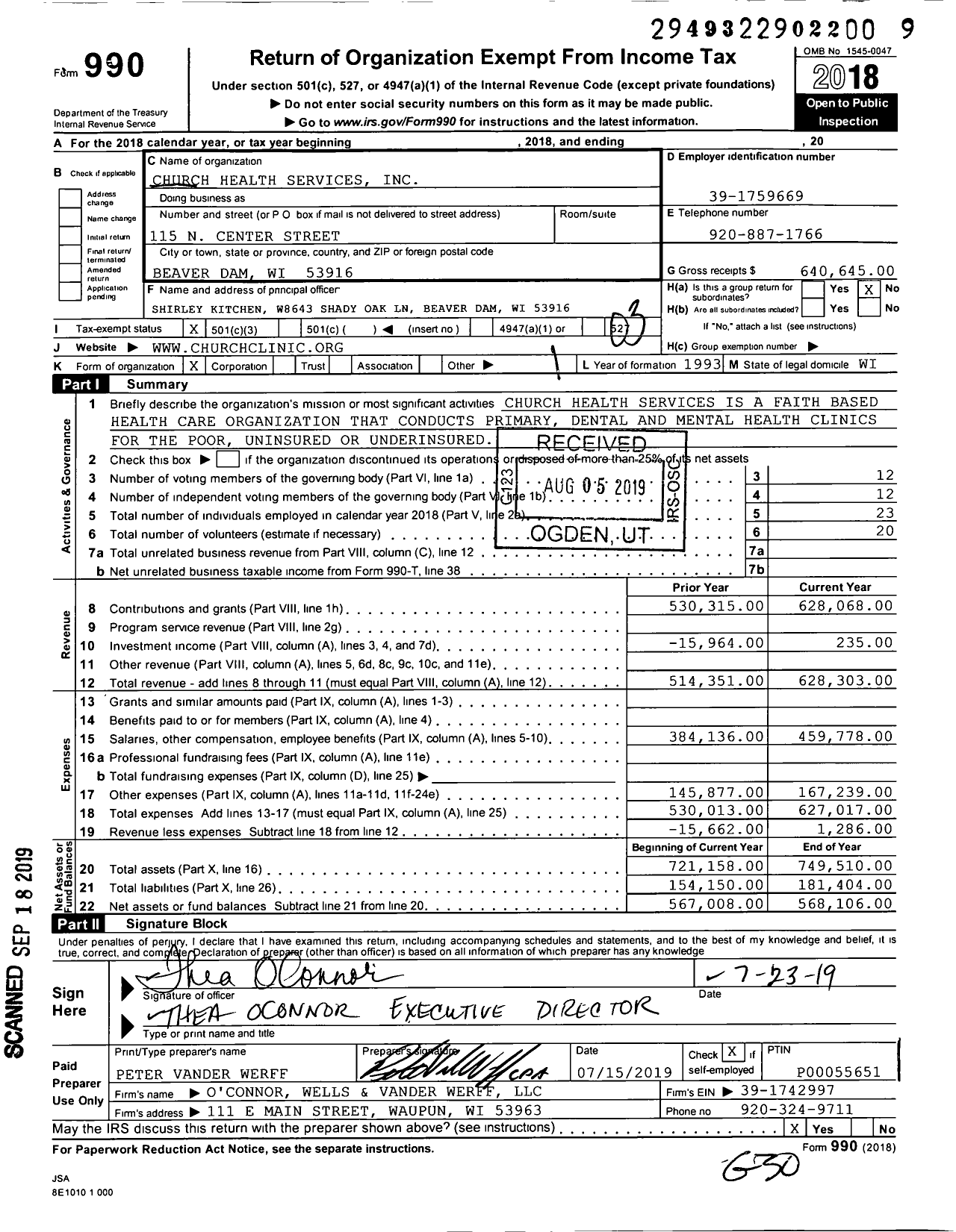 Image of first page of 2018 Form 990 for Church Health Services