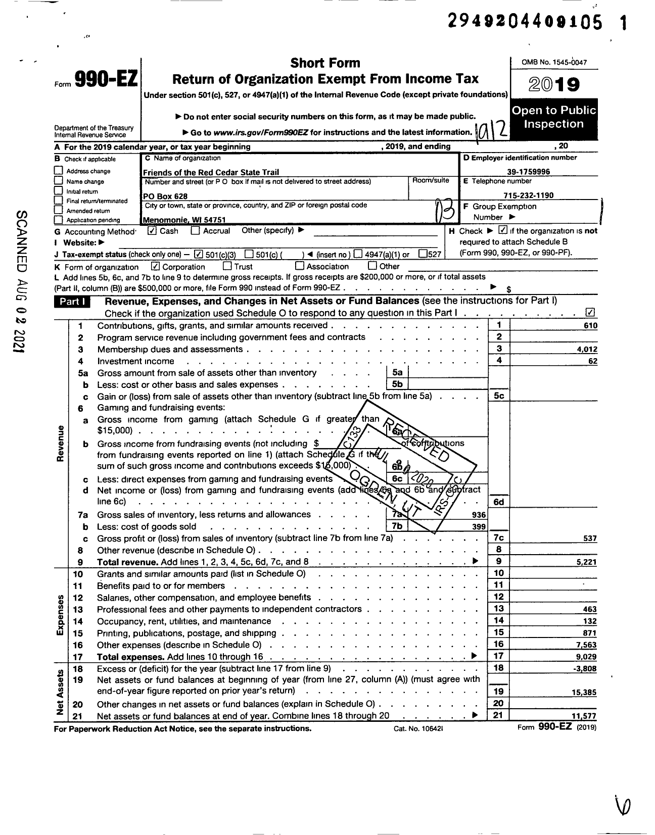 Image of first page of 2019 Form 990EZ for Friends of the Red Cedar State Trail