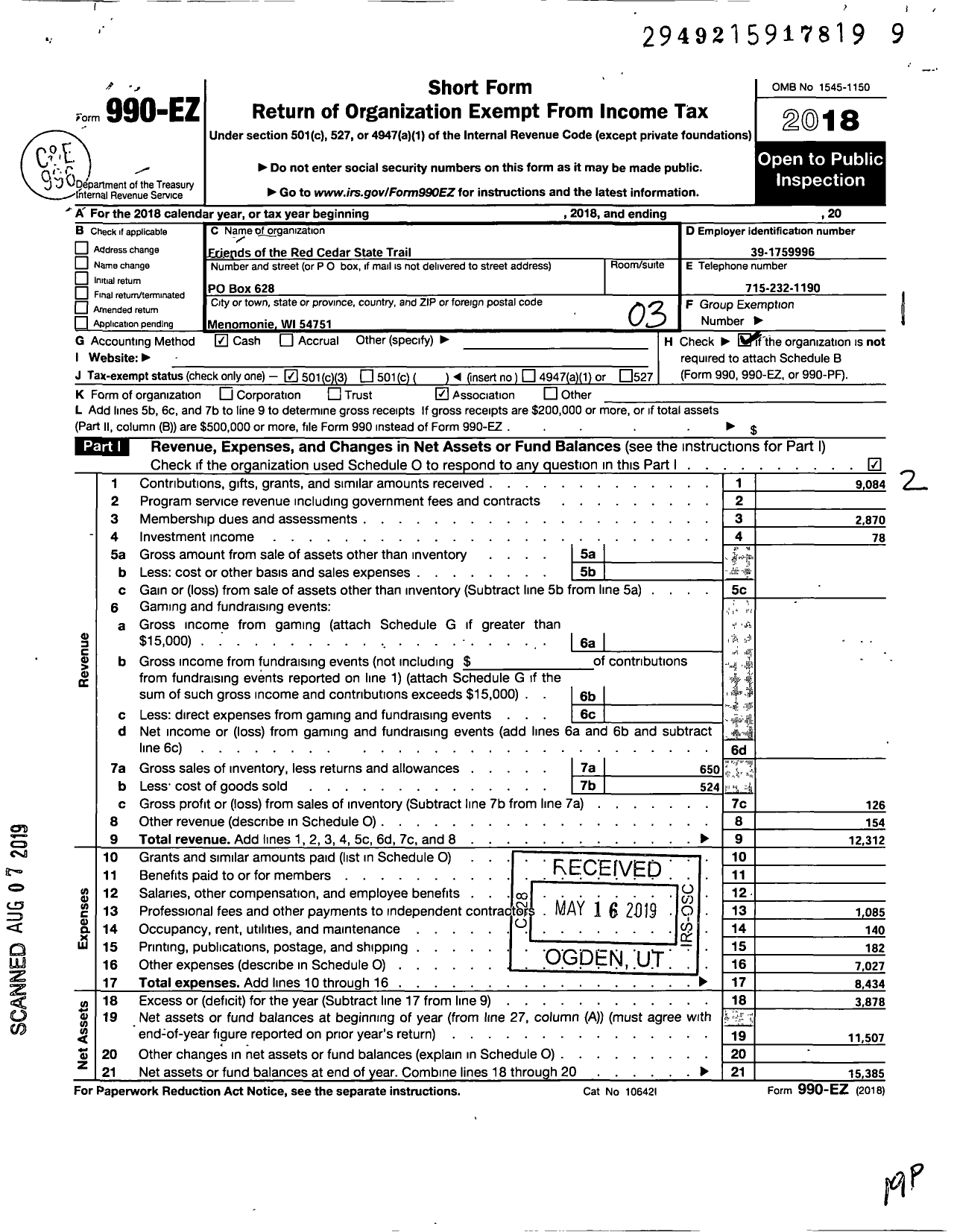 Image of first page of 2018 Form 990EZ for Friends of the Red Cedar State Trail