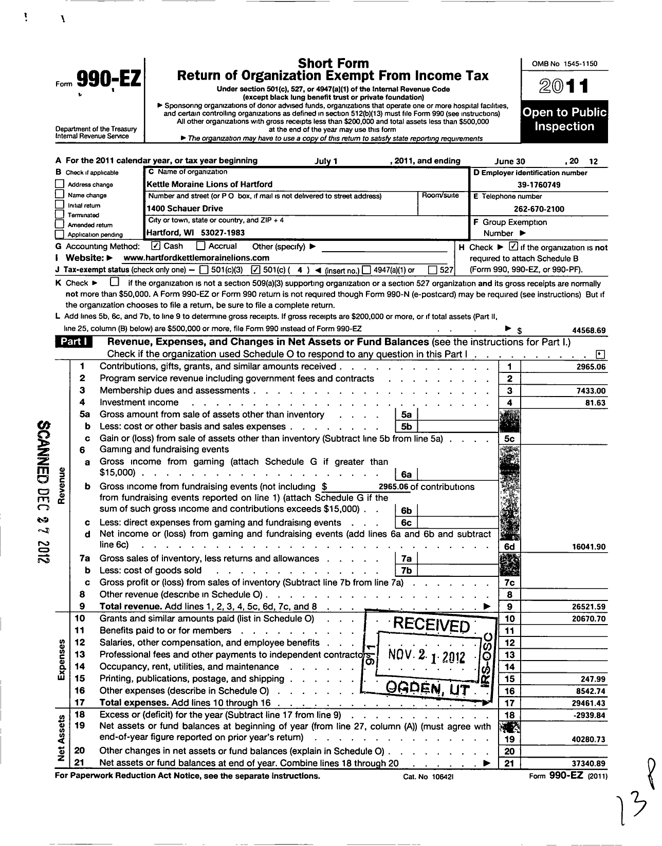 Image of first page of 2011 Form 990EO for Lions Clubs - 54674 Hartford Kettle Moraine