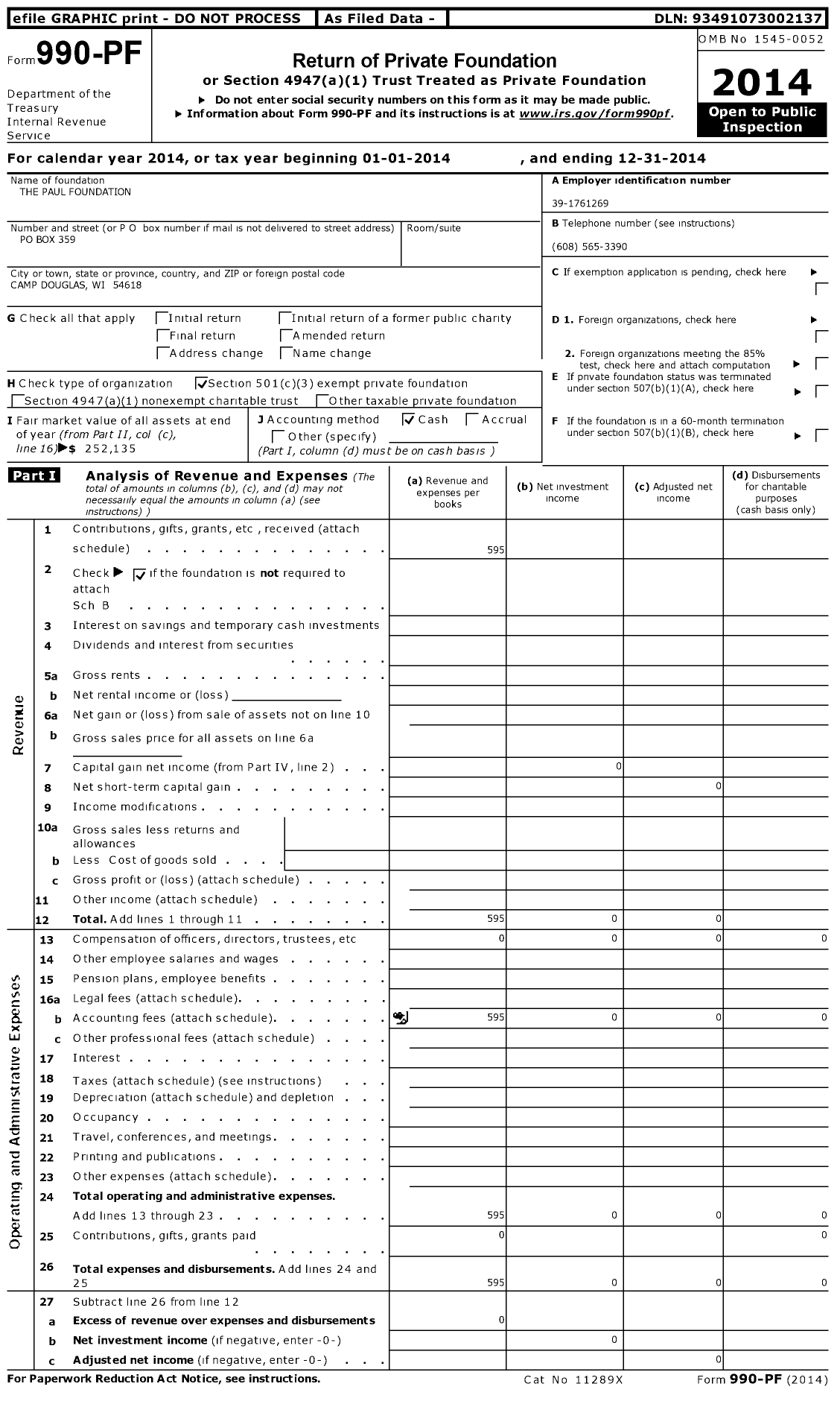 Image of first page of 2014 Form 990PF for The Paul Foundation