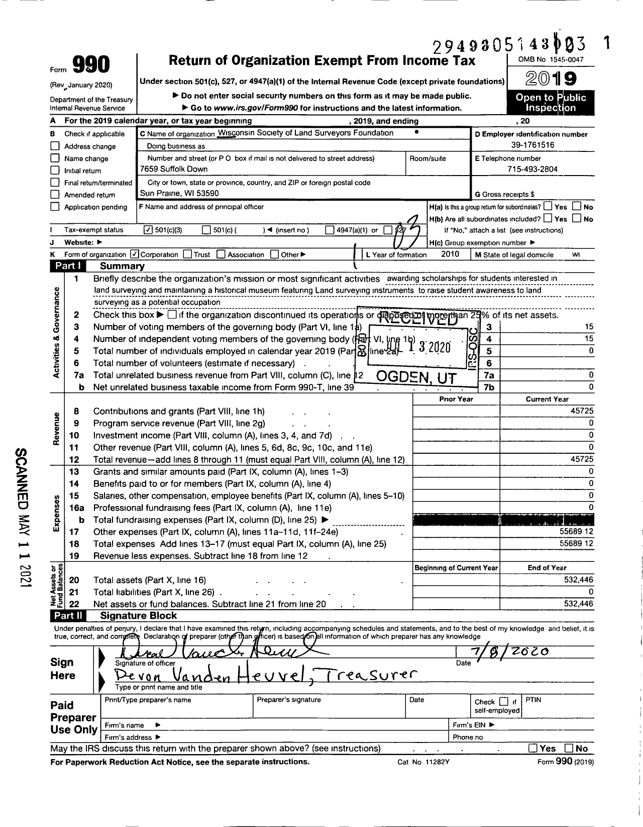 Image of first page of 2019 Form 990 for Wisconsin Society of Land Surveyors