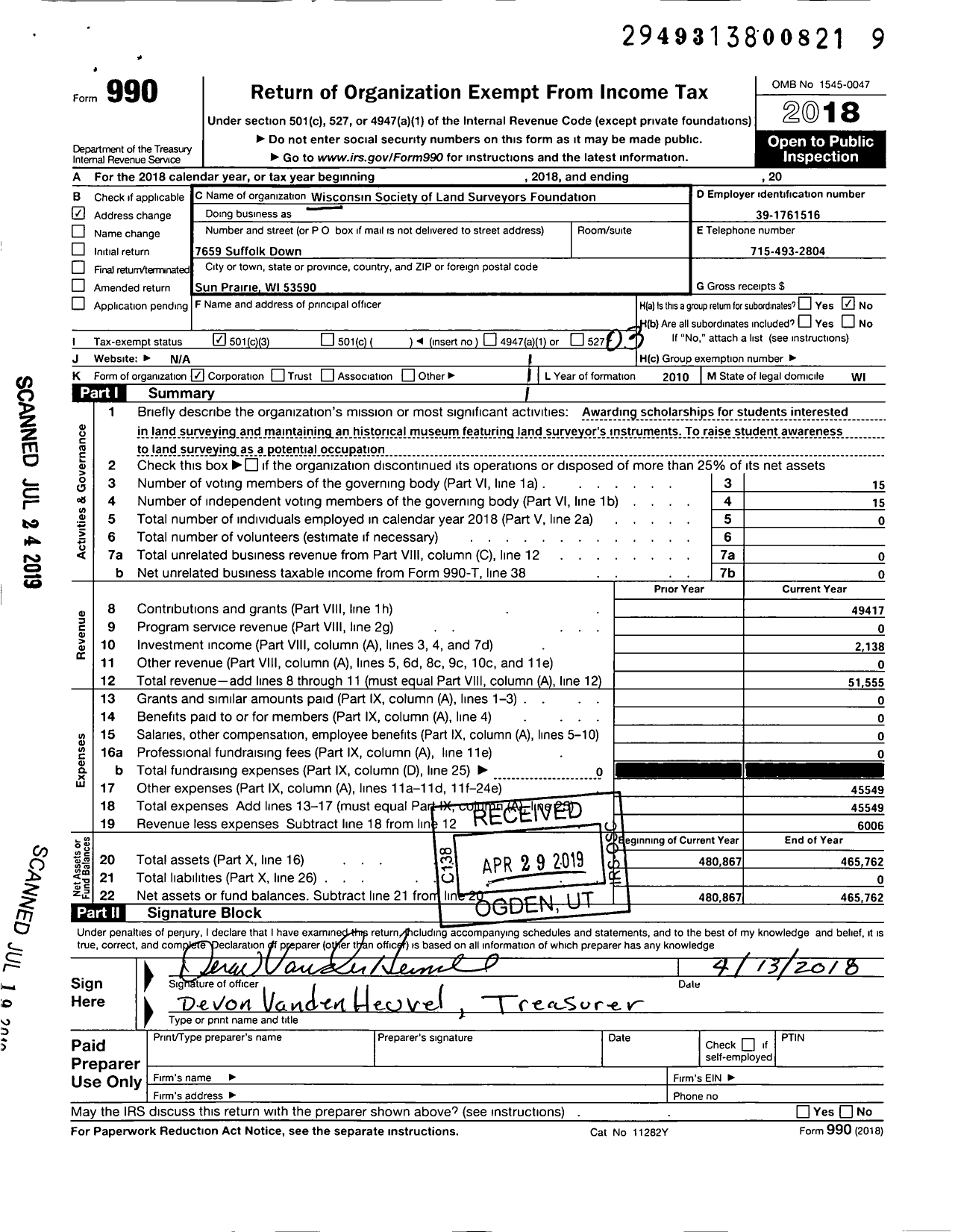 Image of first page of 2018 Form 990 for Wisconsin Society of Land Surveyors