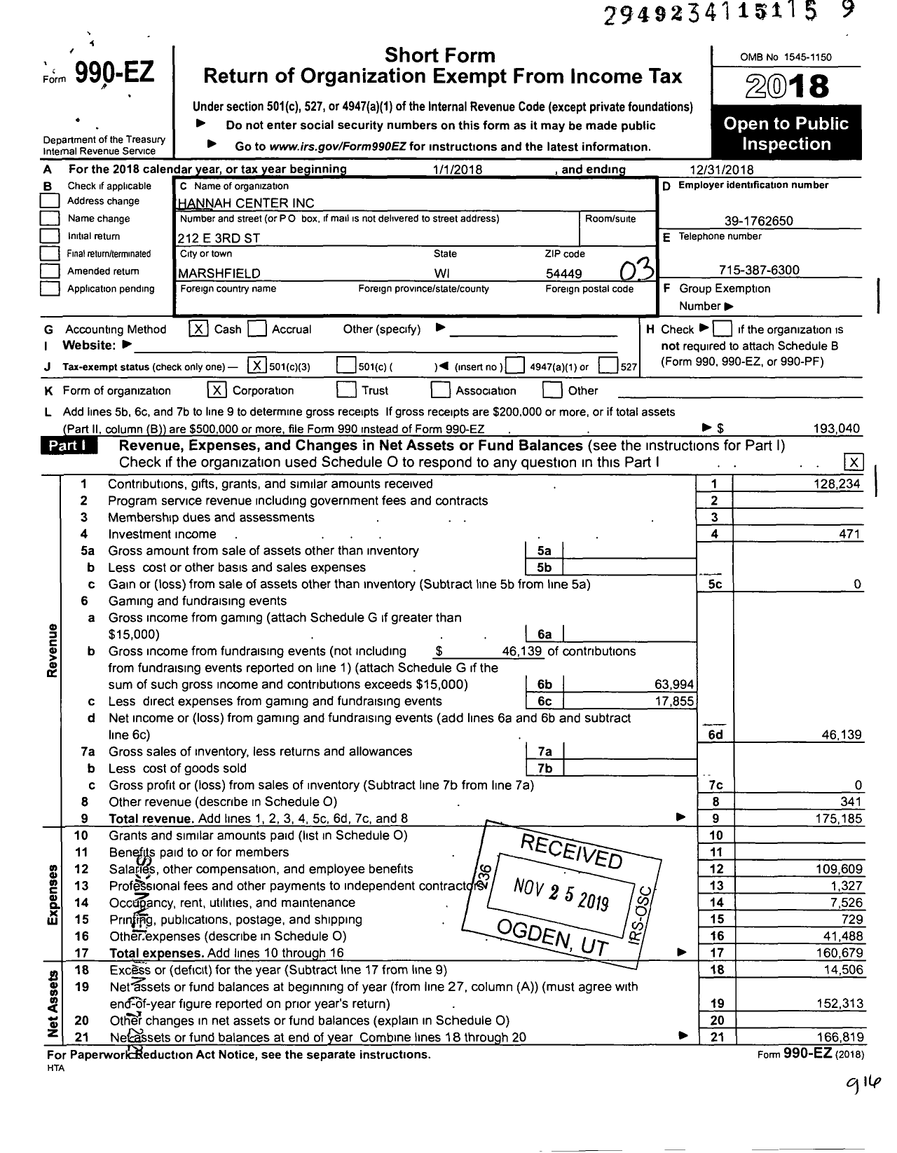 Image of first page of 2018 Form 990EZ for Hannah Center