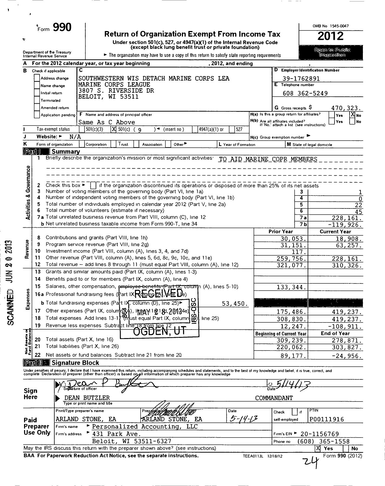 Image of first page of 2012 Form 990O for Marine Corps League - 623 MCL Southwestern Wisconsin Det