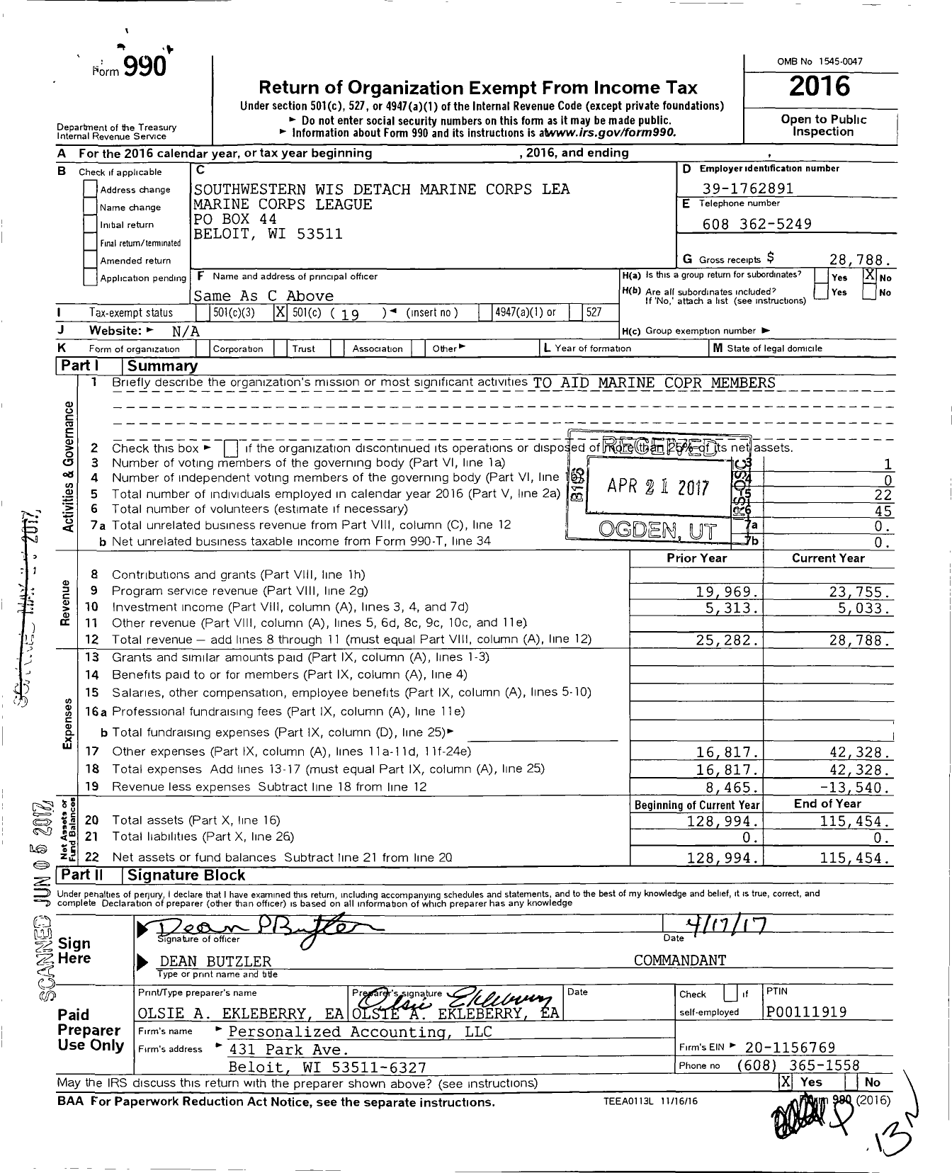 Image of first page of 2016 Form 990O for Marine Corps League - 623 MCL Southwestern Wisconsin Det