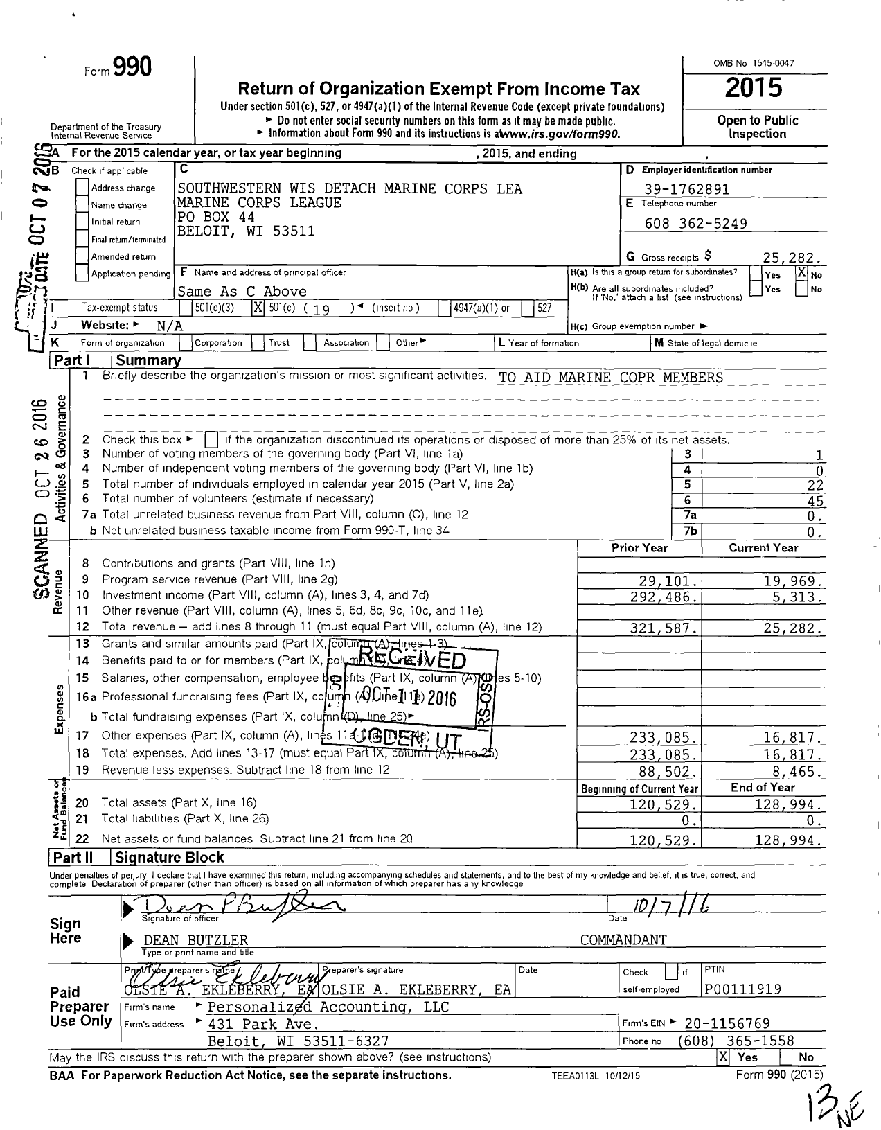 Image of first page of 2015 Form 990O for Marine Corps League - 623 MCL Southwestern Wisconsin Det