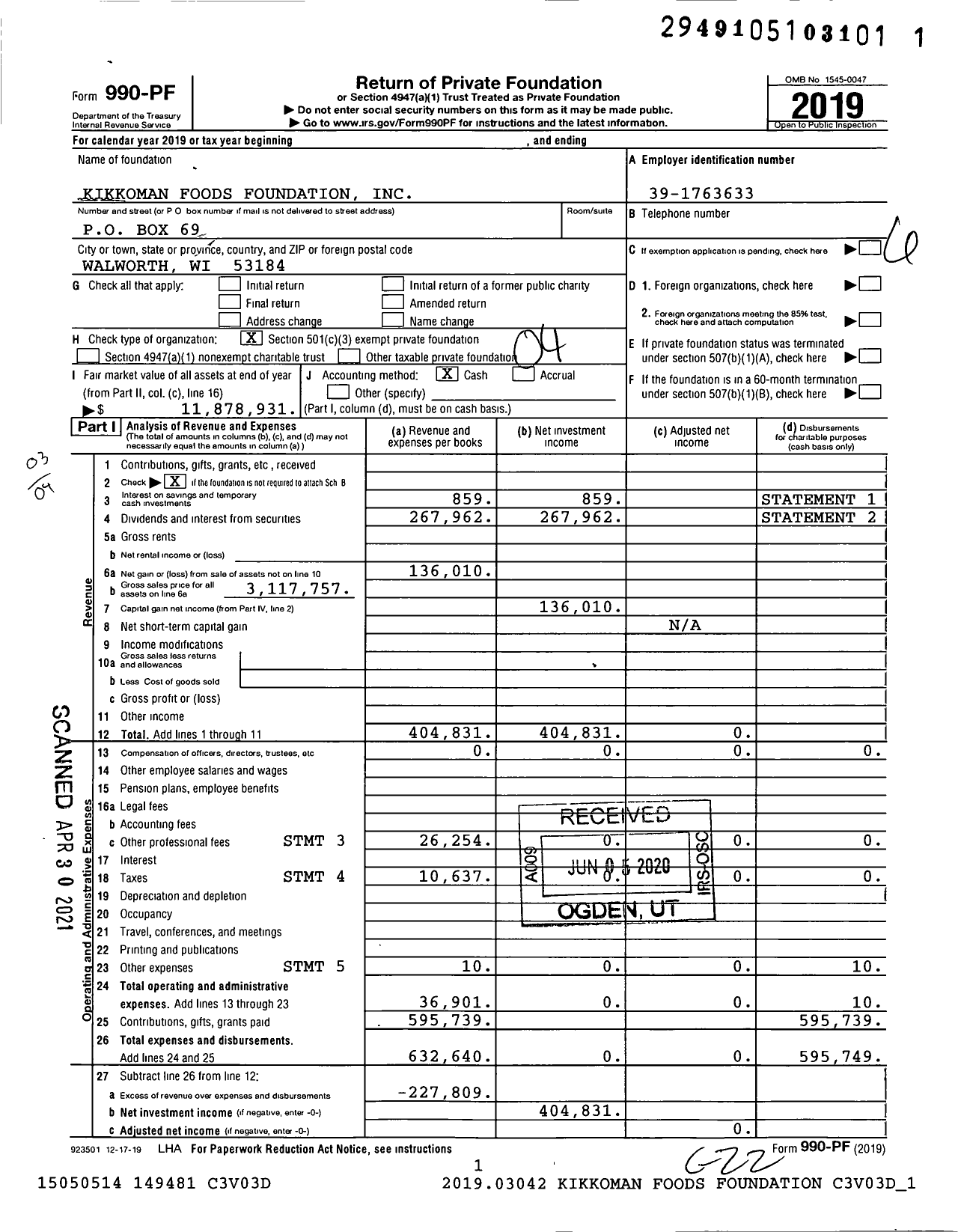 Image of first page of 2019 Form 990PF for Kikkoman Foods Foundation