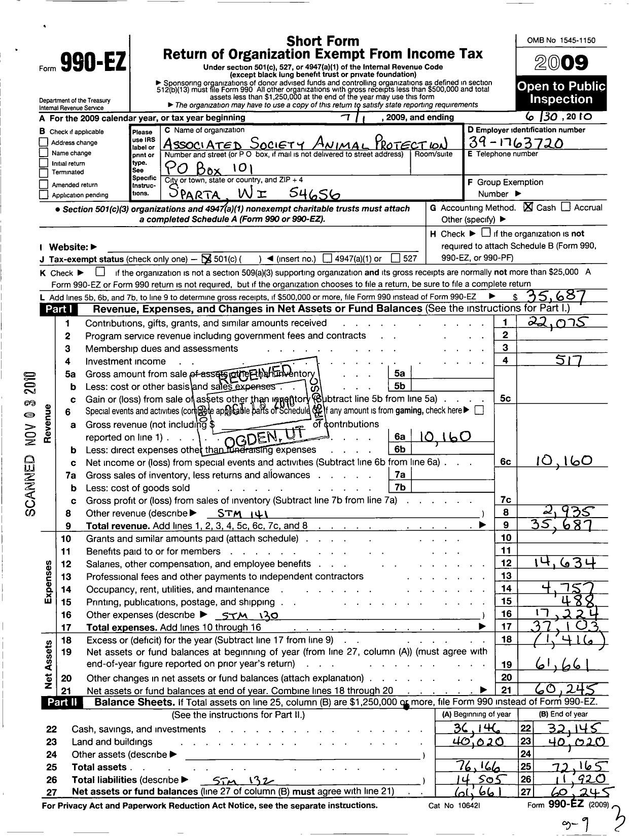 Image of first page of 2009 Form 990EO for Associated Society Animal Protection