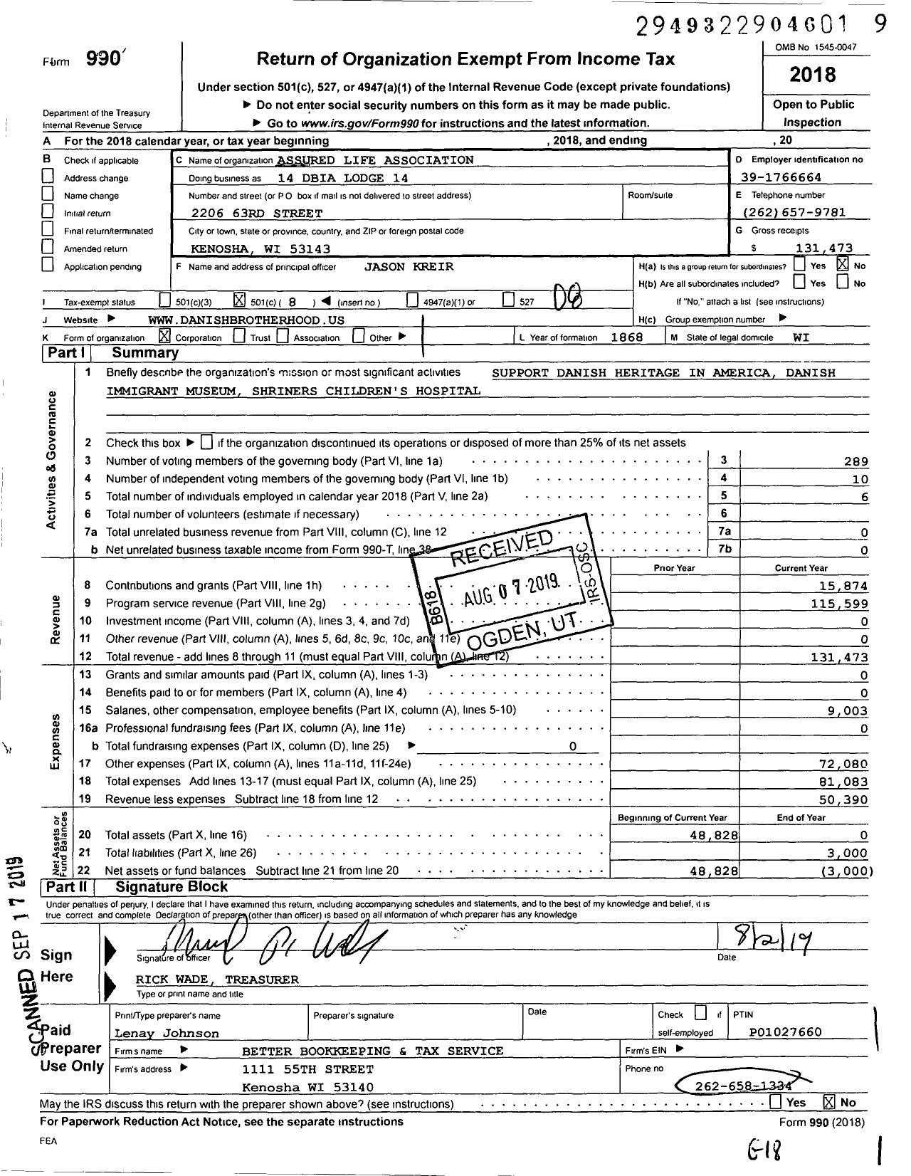 Image of first page of 2018 Form 990O for Assured Life Association - 14 Dbia Lodge 14