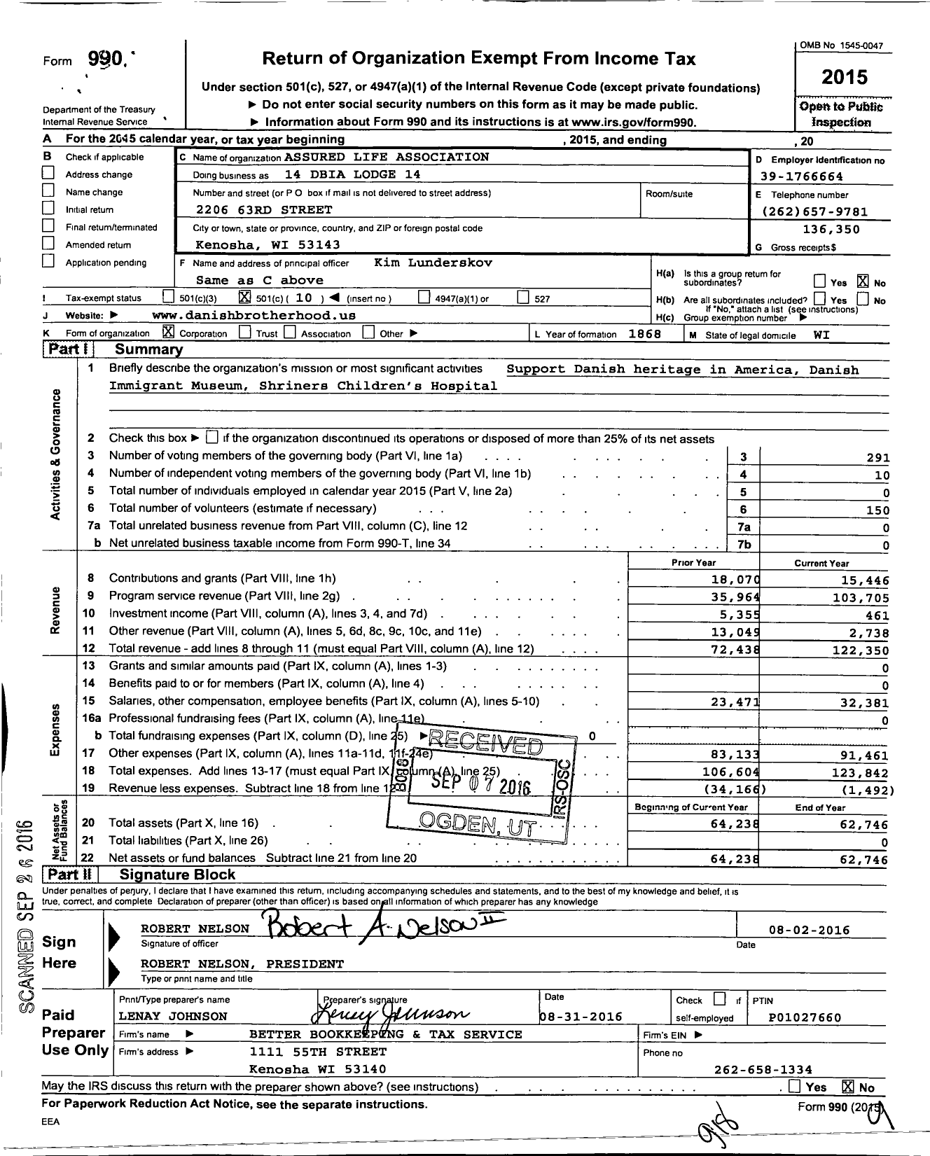 Image of first page of 2015 Form 990O for Assured Life Association - 14 Dbia Lodge 14