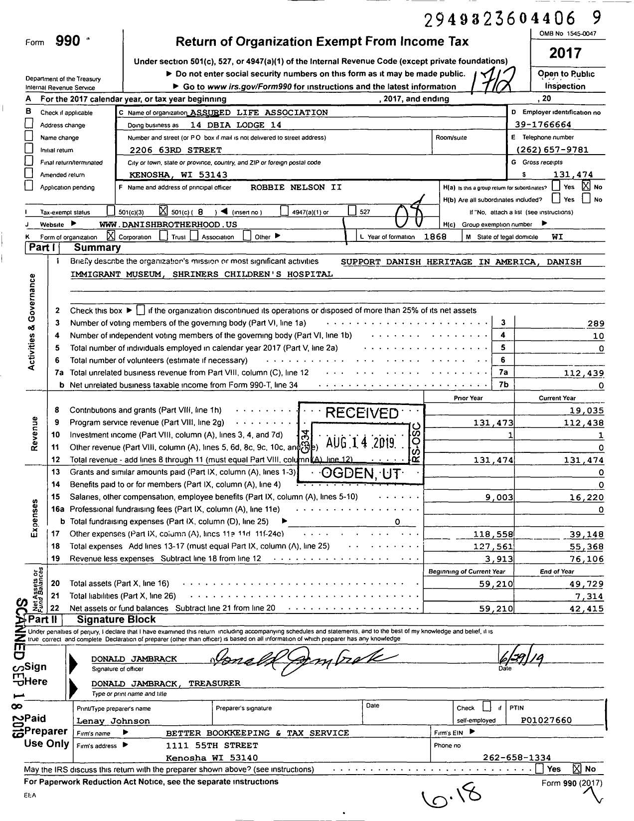 Image of first page of 2017 Form 990O for Assured Life Association - 14 Dbia Lodge 14