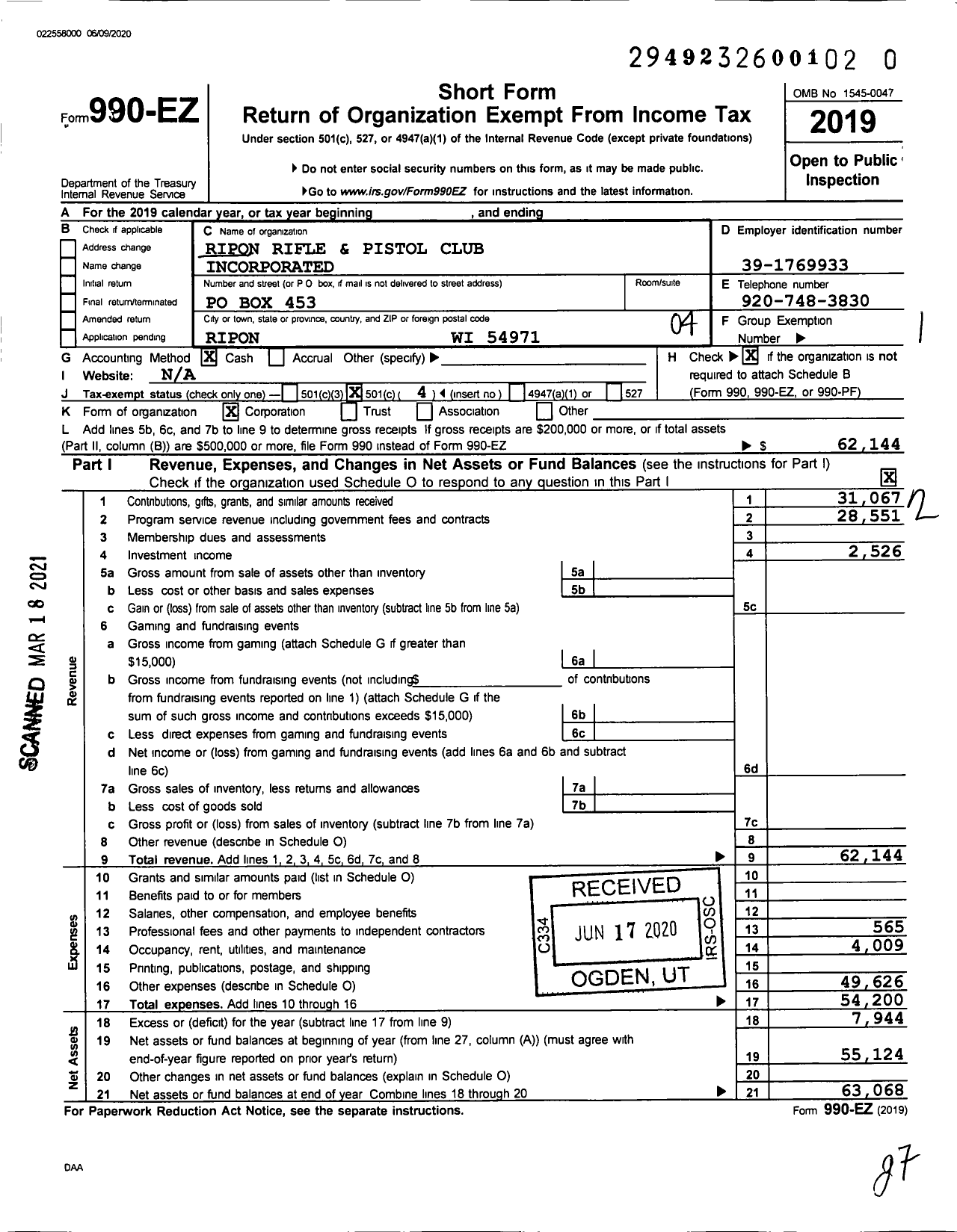 Image of first page of 2019 Form 990EO for Ripon Rifle and Pistol Club Incorporated