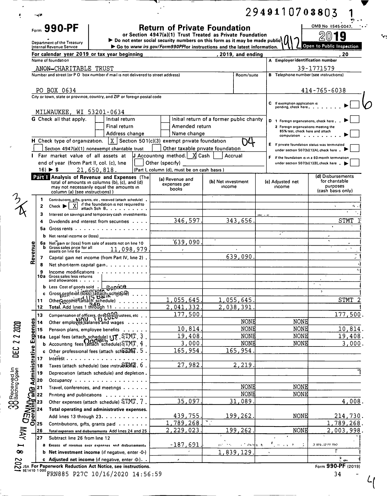 Image of first page of 2019 Form 990PF for Anon Charitable Trust
