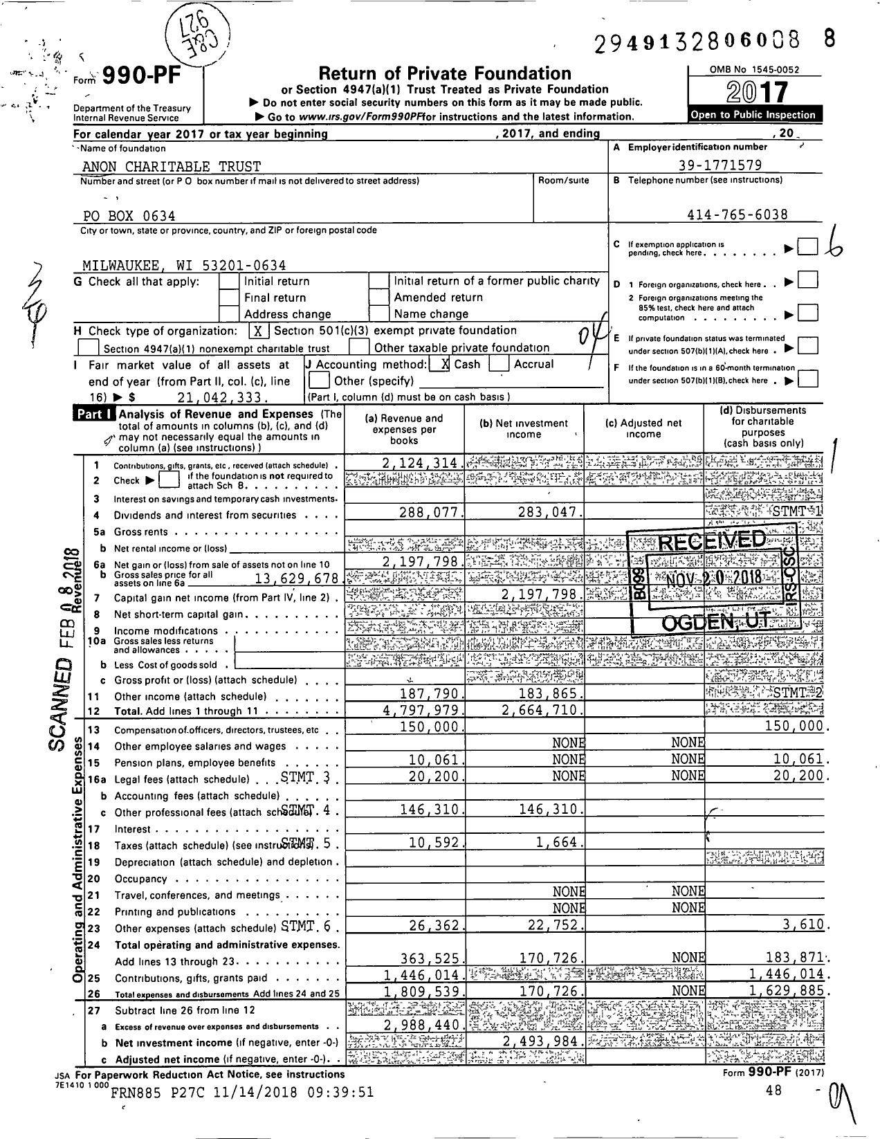 Image of first page of 2017 Form 990PF for Anon Charitable Trust
