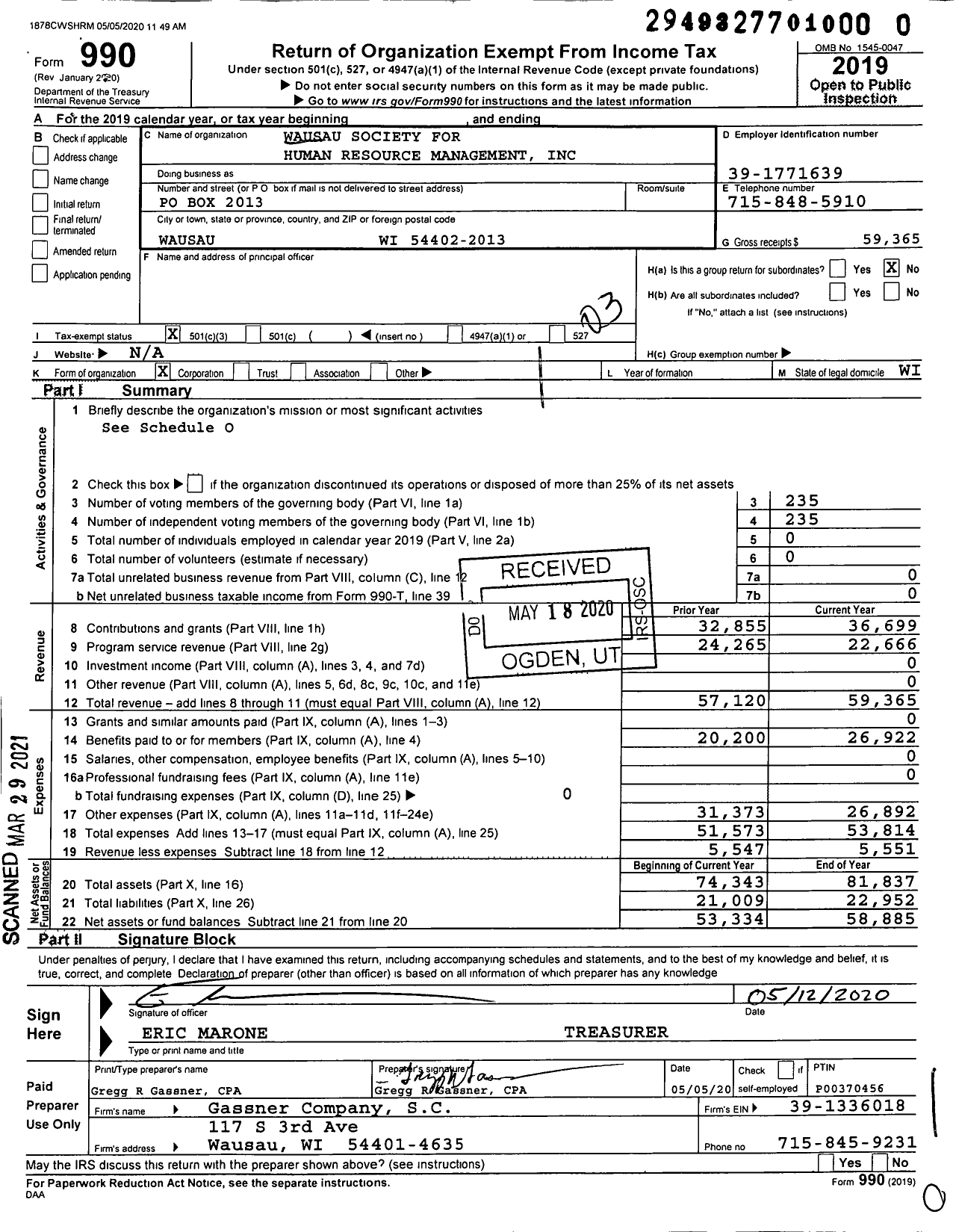 Image of first page of 2019 Form 990 for Wausau Society for Human Resource Management