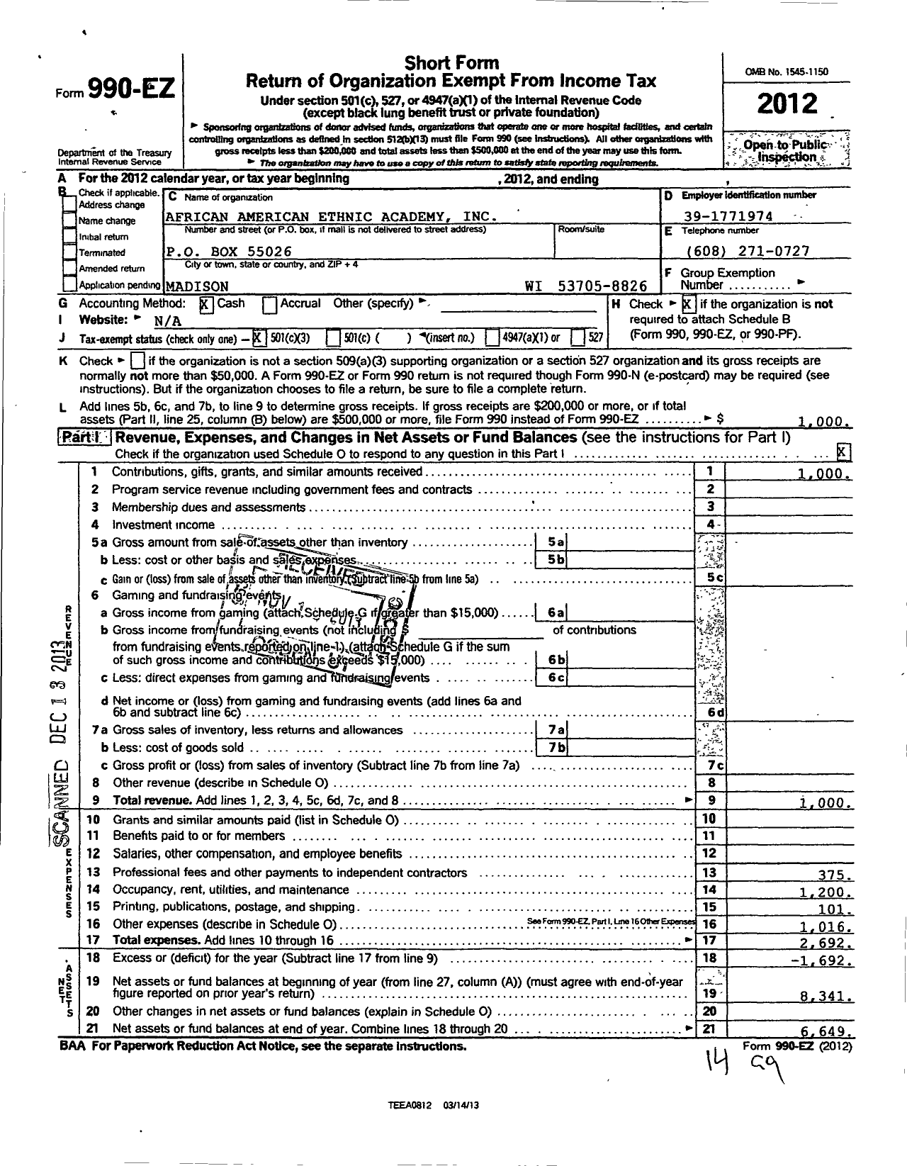 Image of first page of 2012 Form 990EZ for African American Ethnic Academy