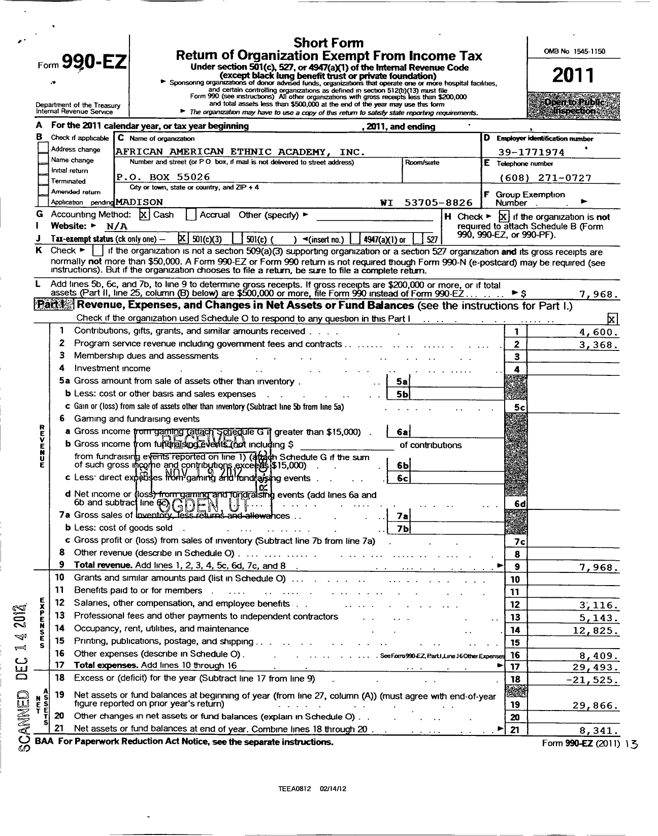 Image of first page of 2011 Form 990EZ for African American Ethnic Academy