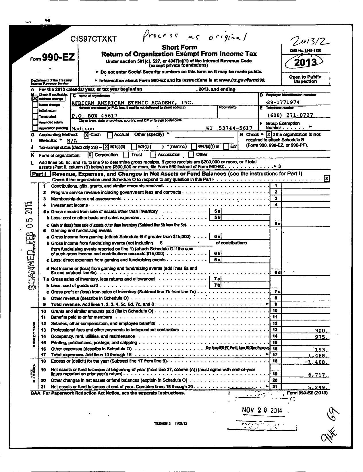 Image of first page of 2013 Form 990EZ for African American Ethnic Academy