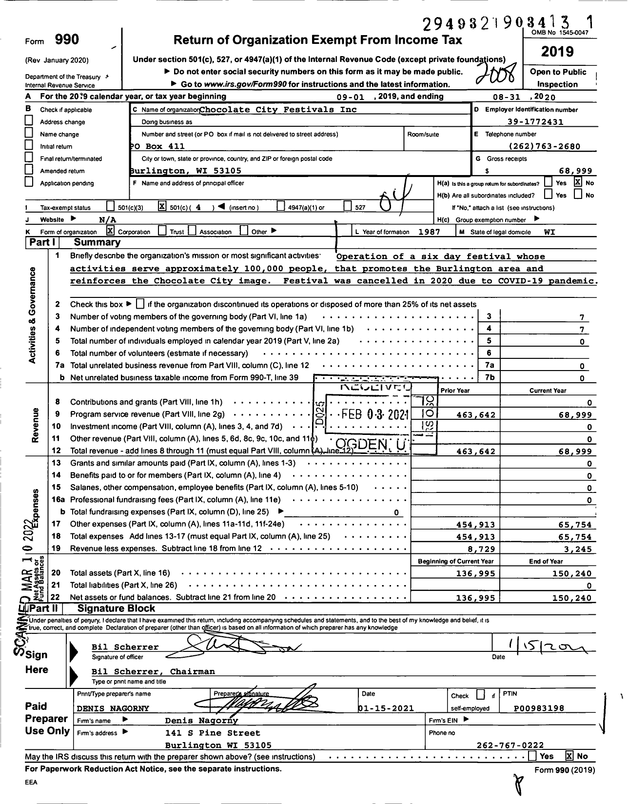 Image of first page of 2019 Form 990O for Chocolate City Festivals