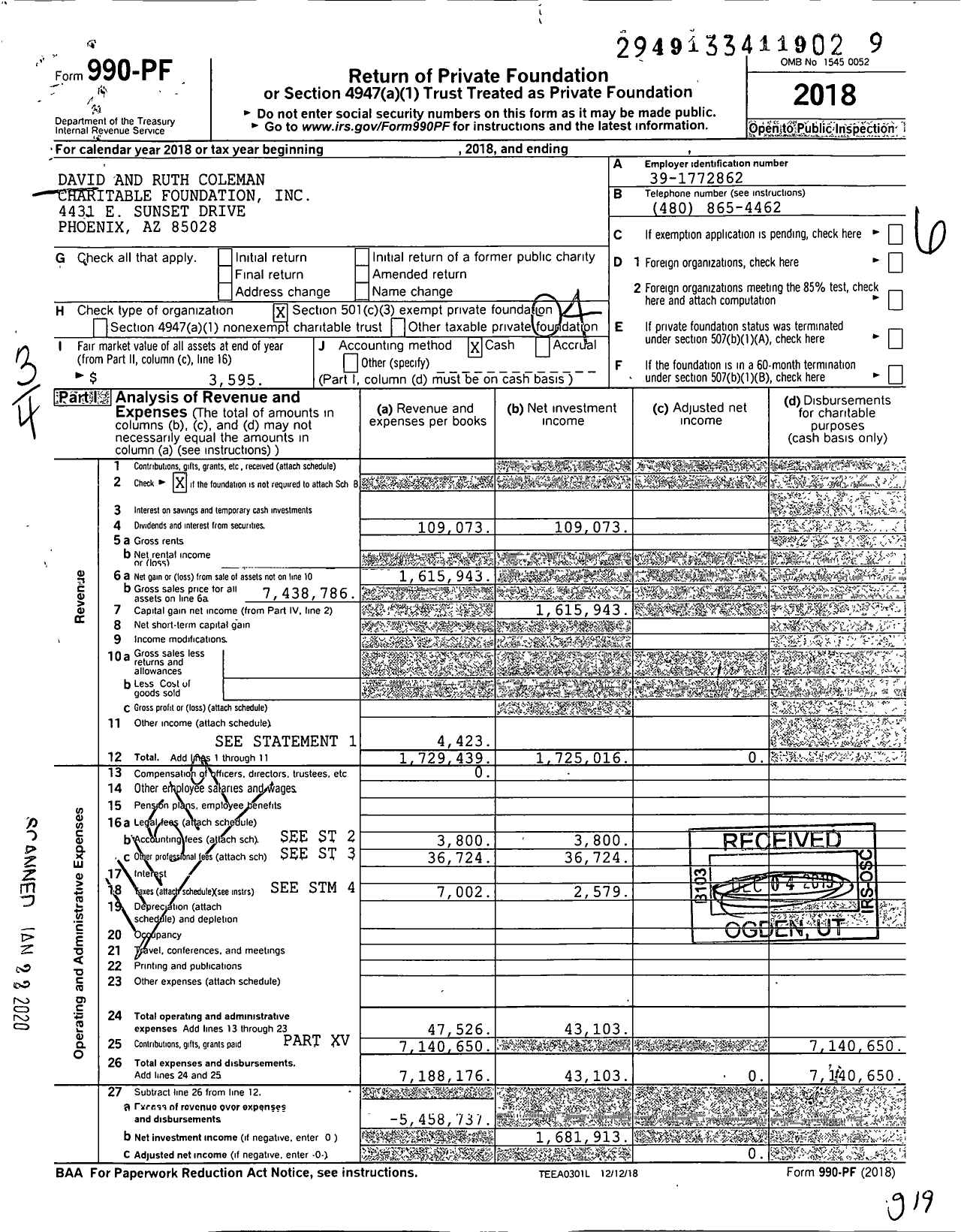 Image of first page of 2018 Form 990PF for David and Ruth Coleman Charitable Foundation