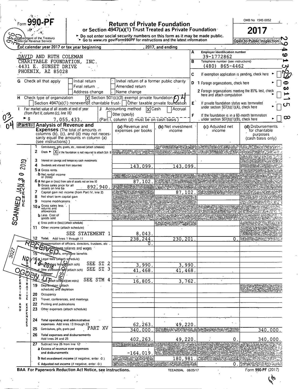 Image of first page of 2017 Form 990PF for David and Ruth Coleman Charitable Foundation
