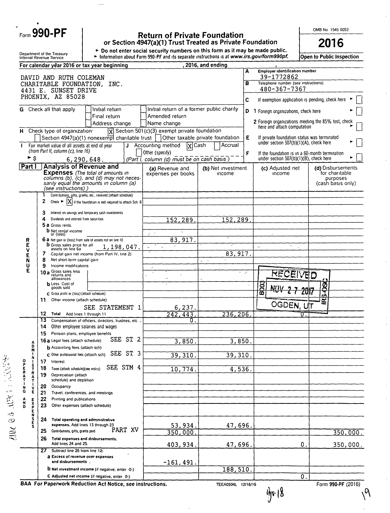 Image of first page of 2016 Form 990PF for David and Ruth Coleman Charitable Foundation