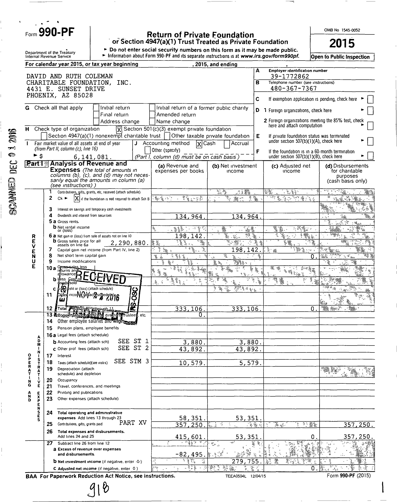 Image of first page of 2015 Form 990PF for David and Ruth Coleman Charitable Foundation