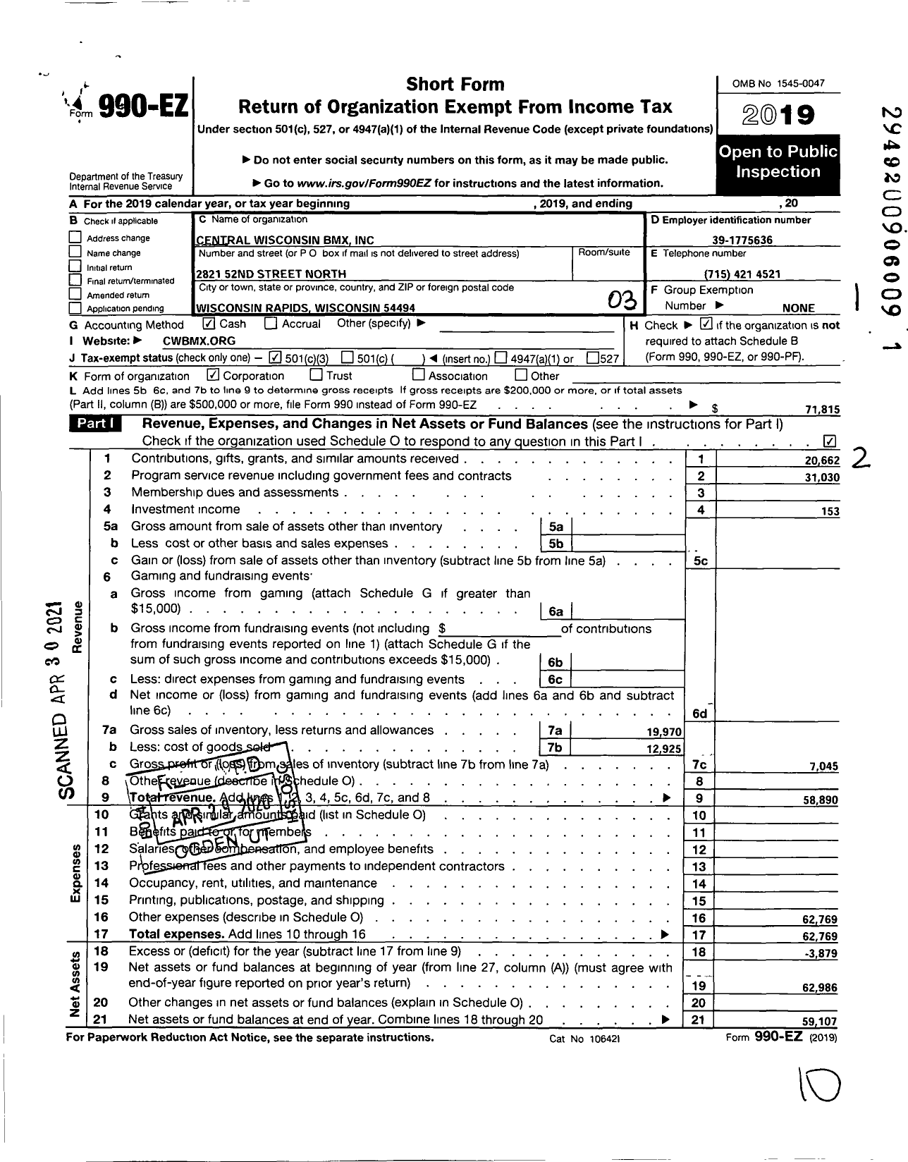 Image of first page of 2019 Form 990EZ for Central Wisconsin BMX