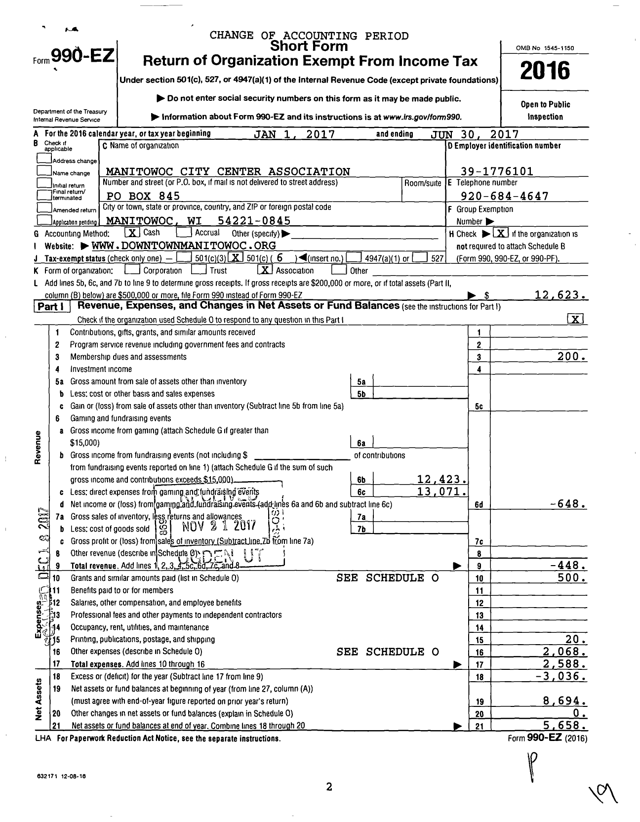 Image of first page of 2016 Form 990EO for Manitowoc City Center Association