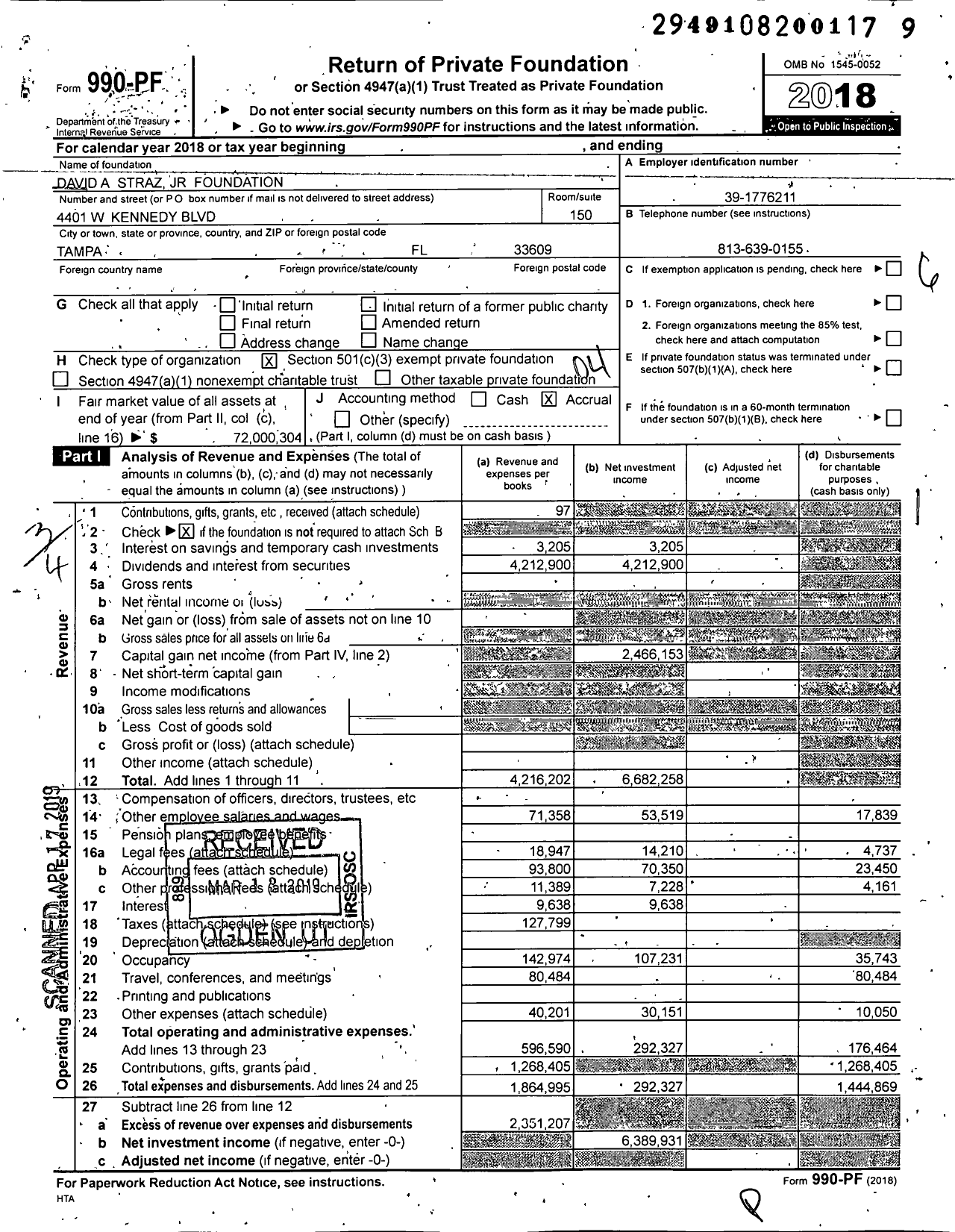 Image of first page of 2018 Form 990PF for Straz Family Foundation