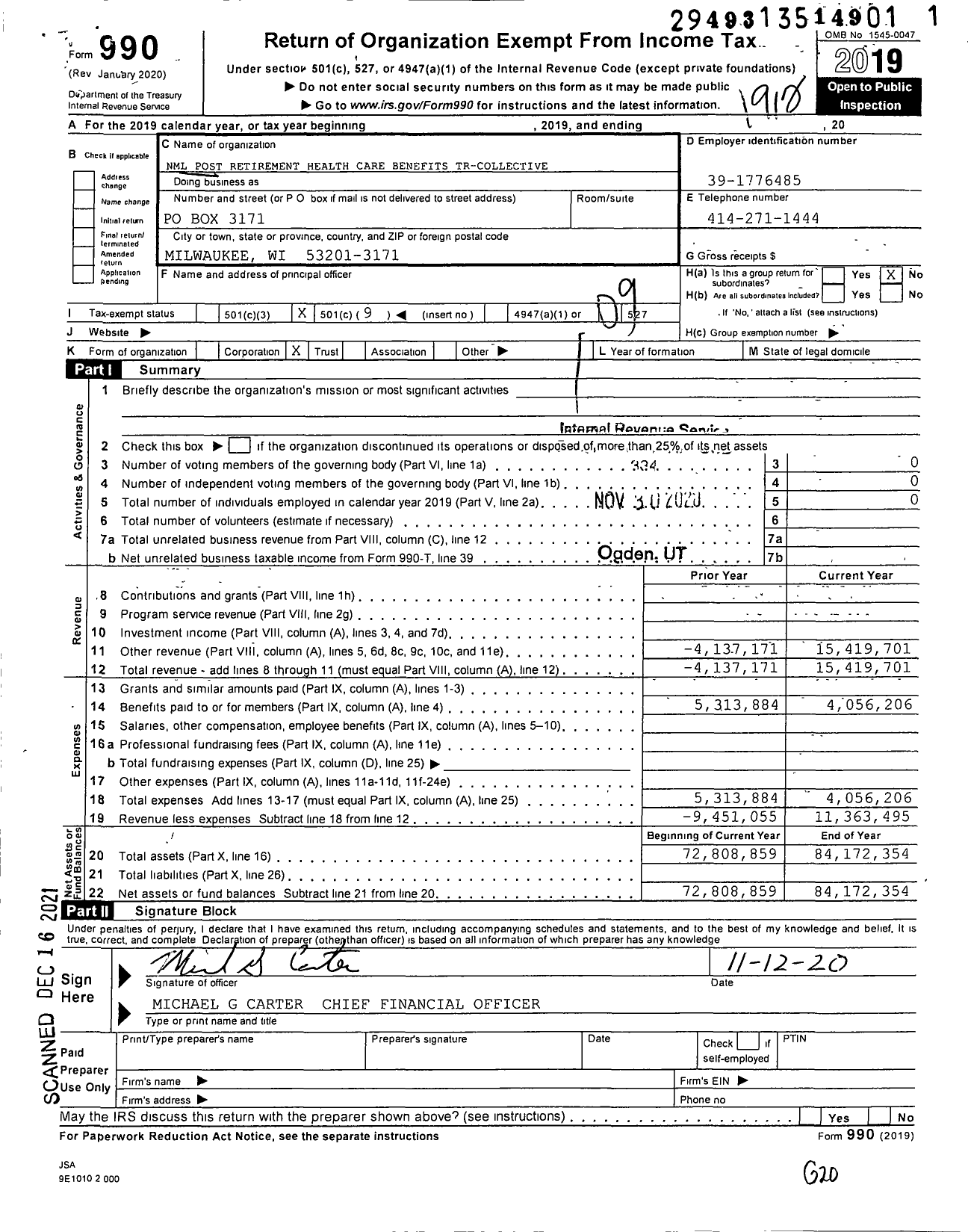 Image of first page of 2019 Form 990O for NML Post-Retirement Health Care Benefits TR-Collective