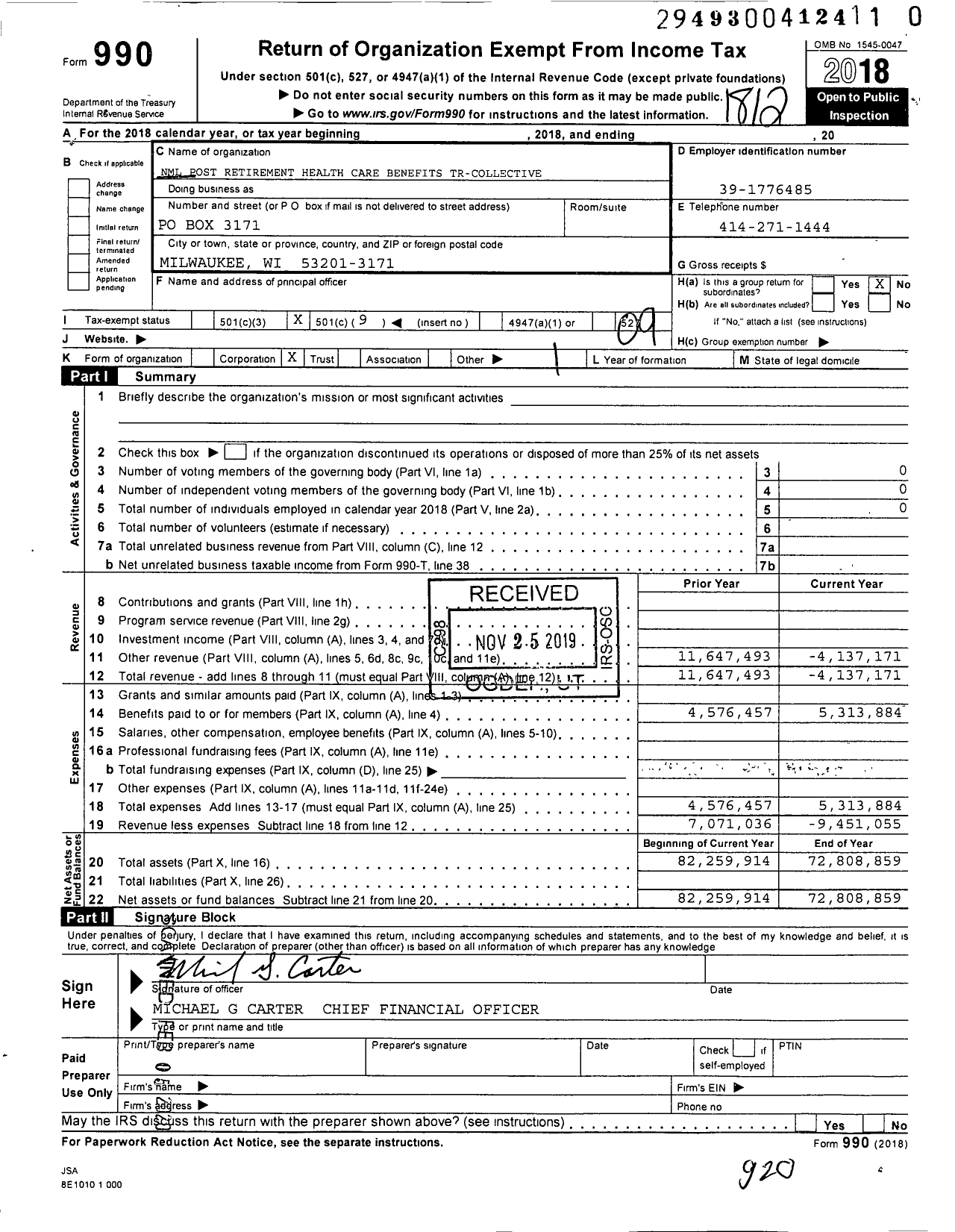 Image of first page of 2018 Form 990O for NML Post-Retirement Health Care Benefits TR-Collective