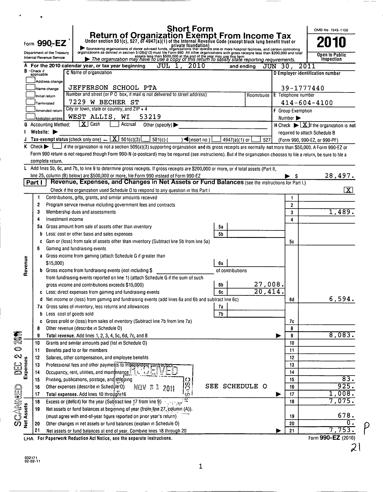 Image of first page of 2010 Form 990EZ for PTA Wisconsin Congress / Jefferson Elem PTA