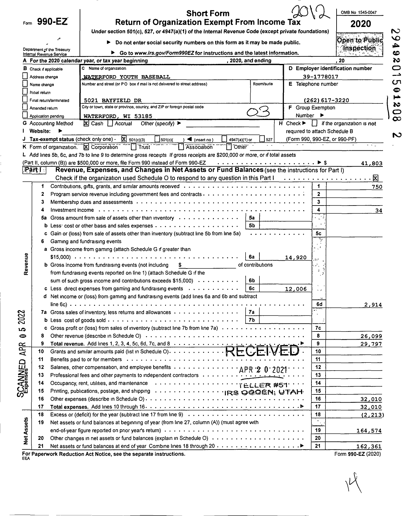 Image of first page of 2020 Form 990EZ for Waterford Youth Baseball