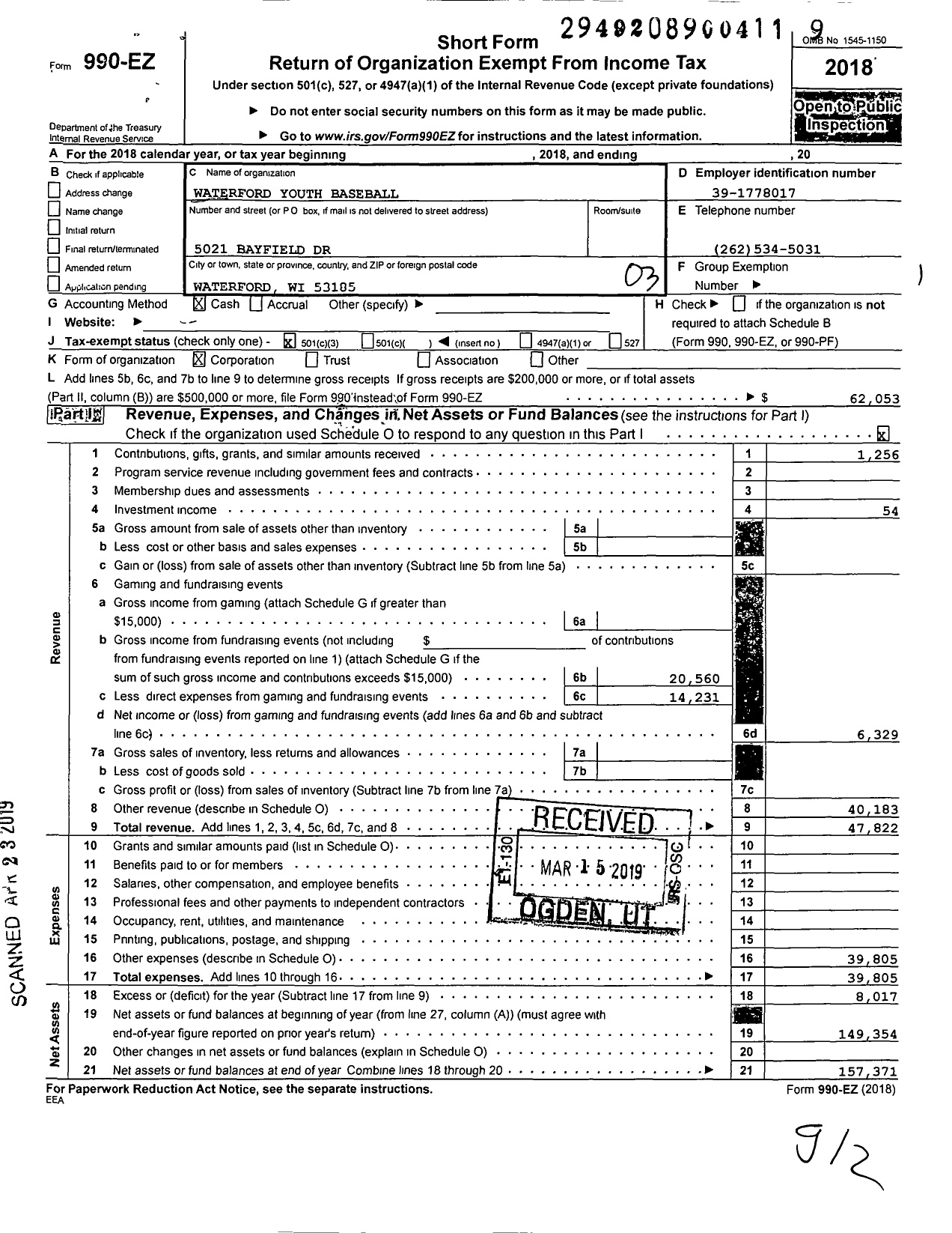 Image of first page of 2018 Form 990EZ for Waterford Youth Baseball