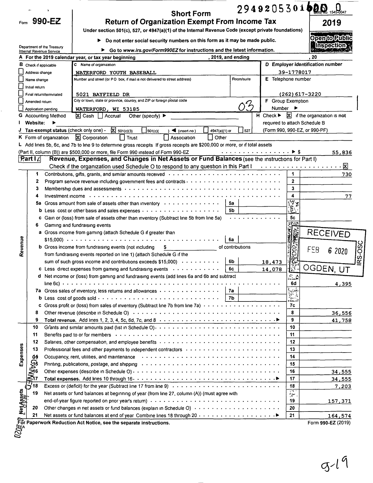 Image of first page of 2019 Form 990EZ for Waterford Youth Baseball