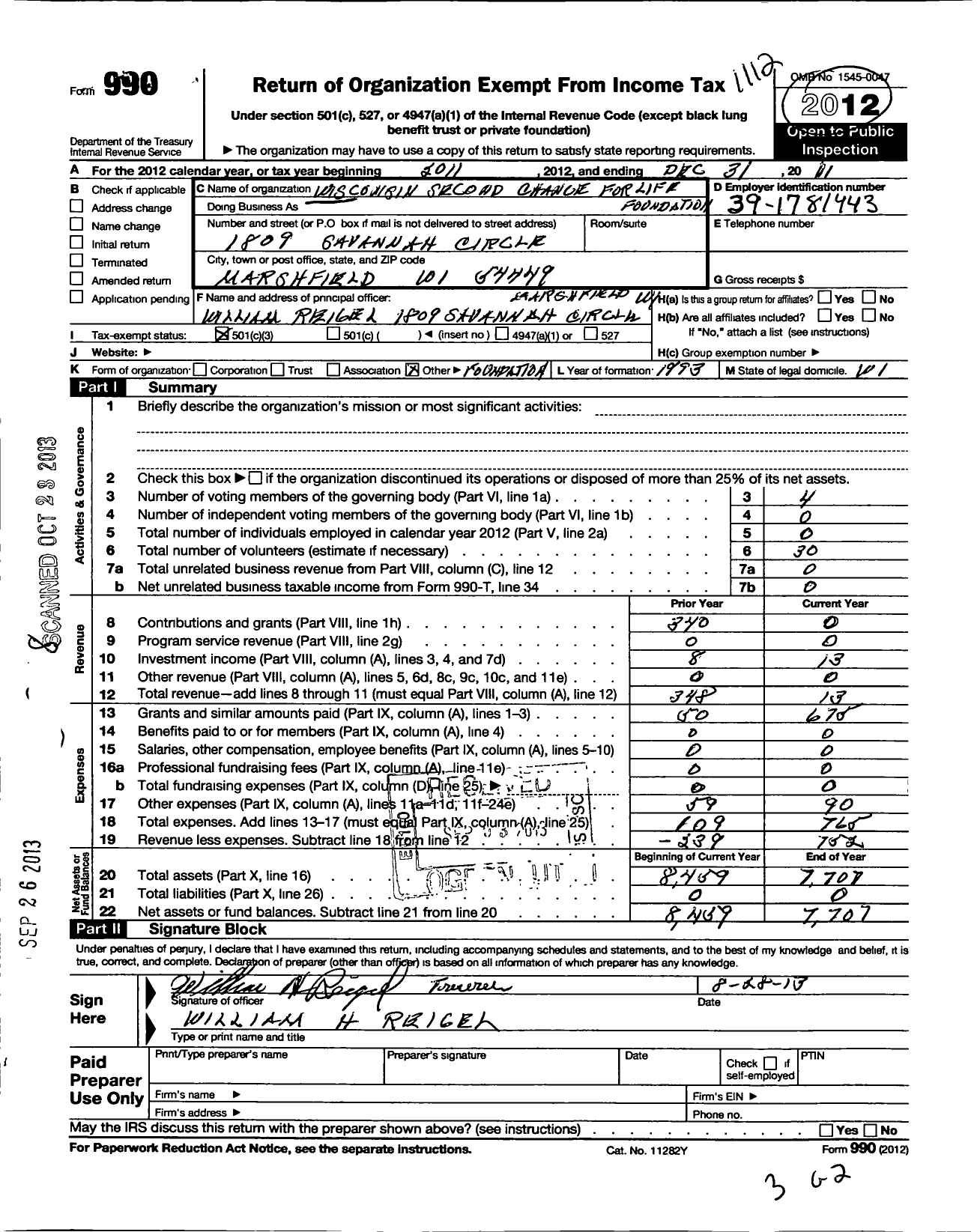Image of first page of 2011 Form 990 for Wisconsin Second Chance for Life Foundation