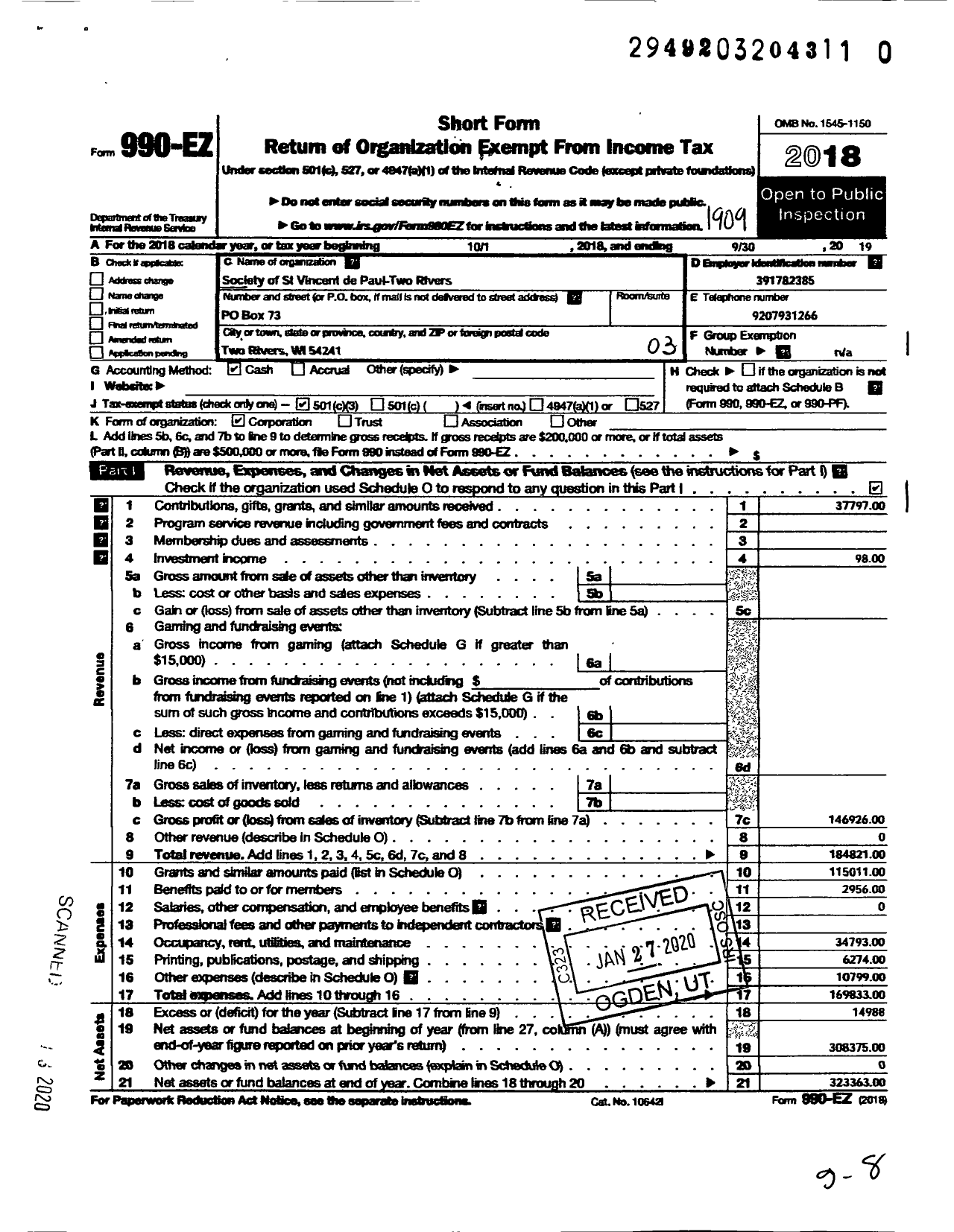 Image of first page of 2018 Form 990EZ for Society of St Vincent de Paul-Two Rivers