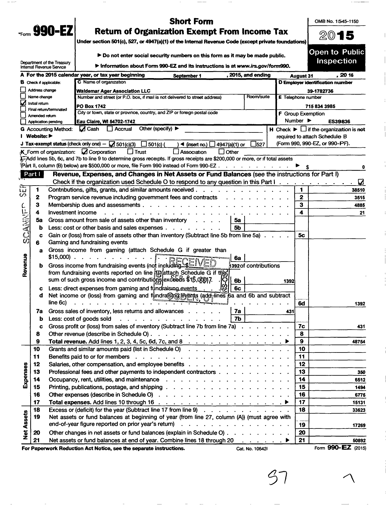 Image of first page of 2015 Form 990EZ for Waldemar Ager Associations